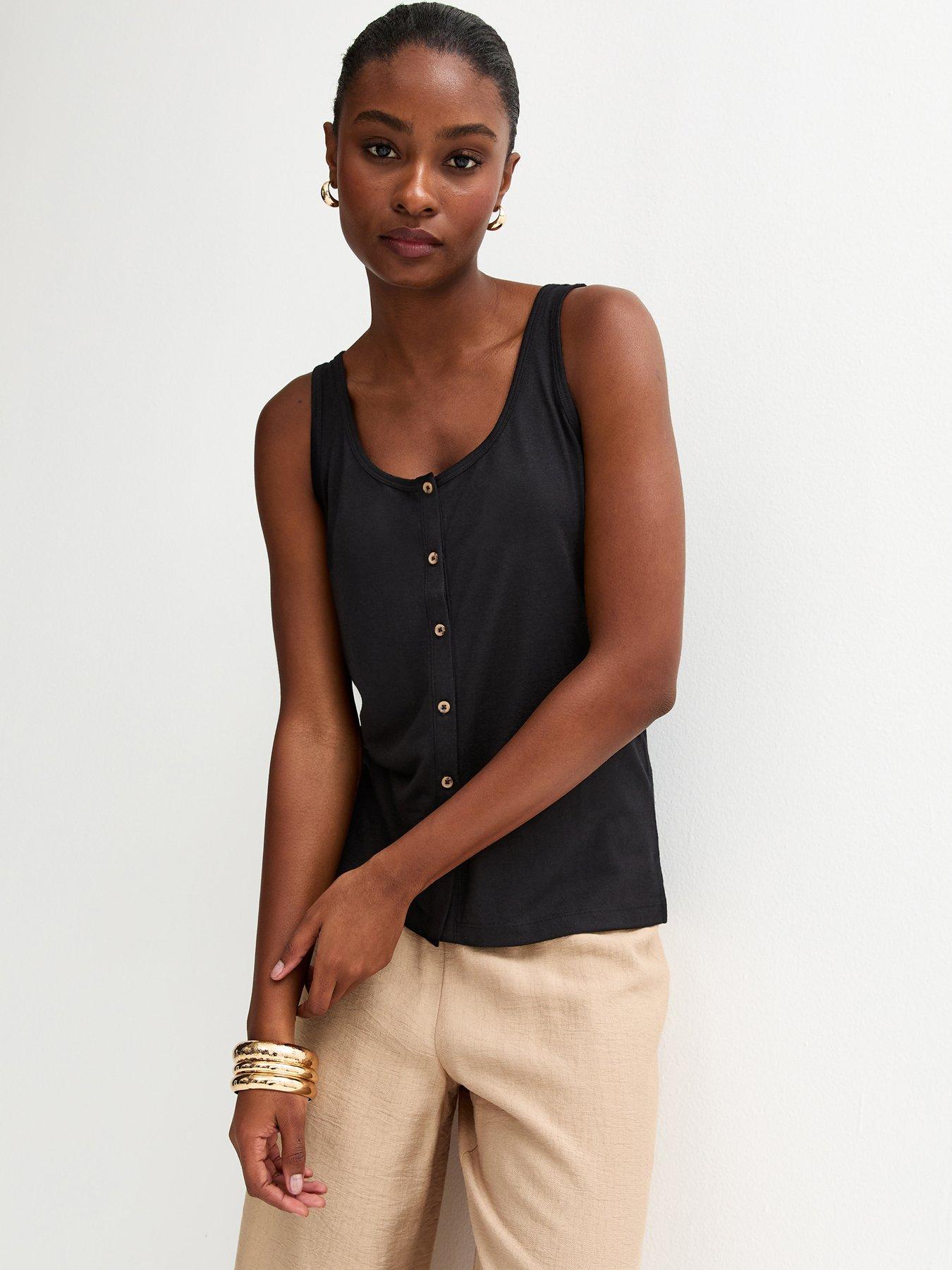 New Look Black Slub Button Tank Top