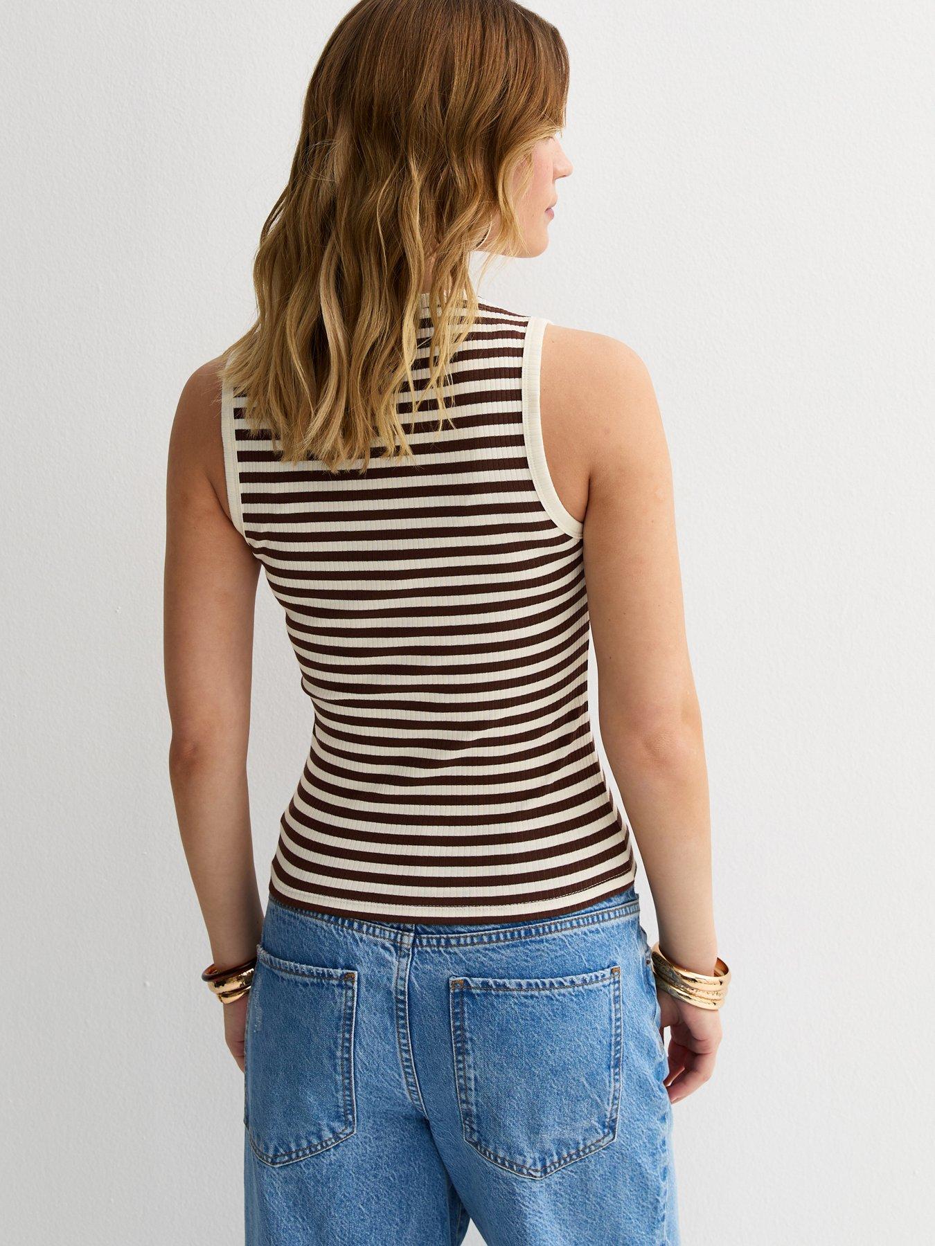 Image 2 of 5 of New Look Brown Stripe Print Ribbed Tank Top