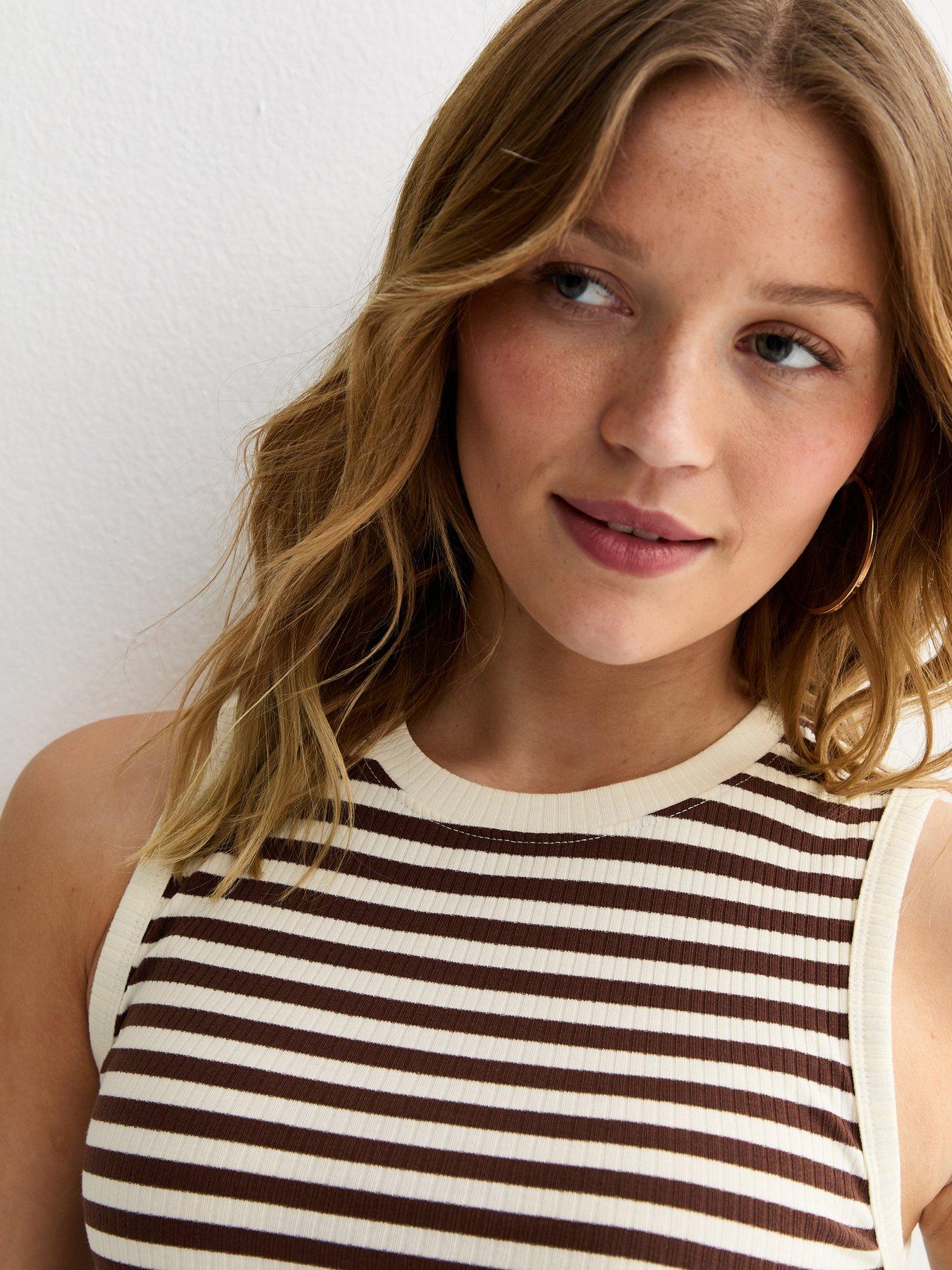 Image 4 of 5 of New Look Brown Stripe Print Ribbed Tank Top