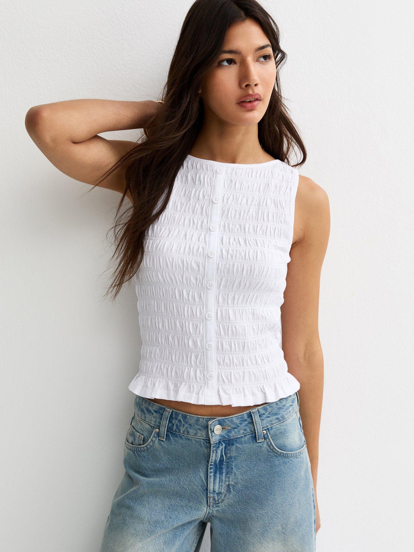 Image 1 of 5 of New Look Shirred Button Front Sleeveless Top - White