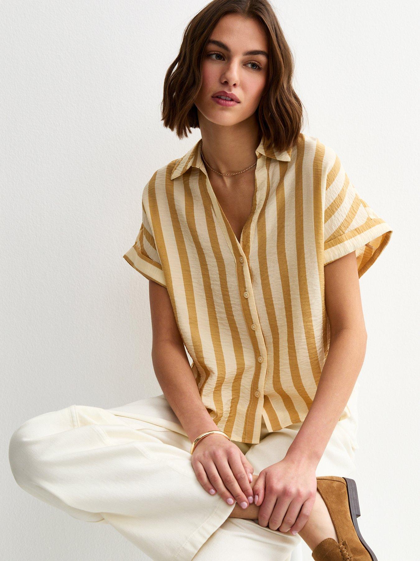 Image 1 of 6 of New Look Lightweight Wide Stripe Cropped Shirt - Yellow