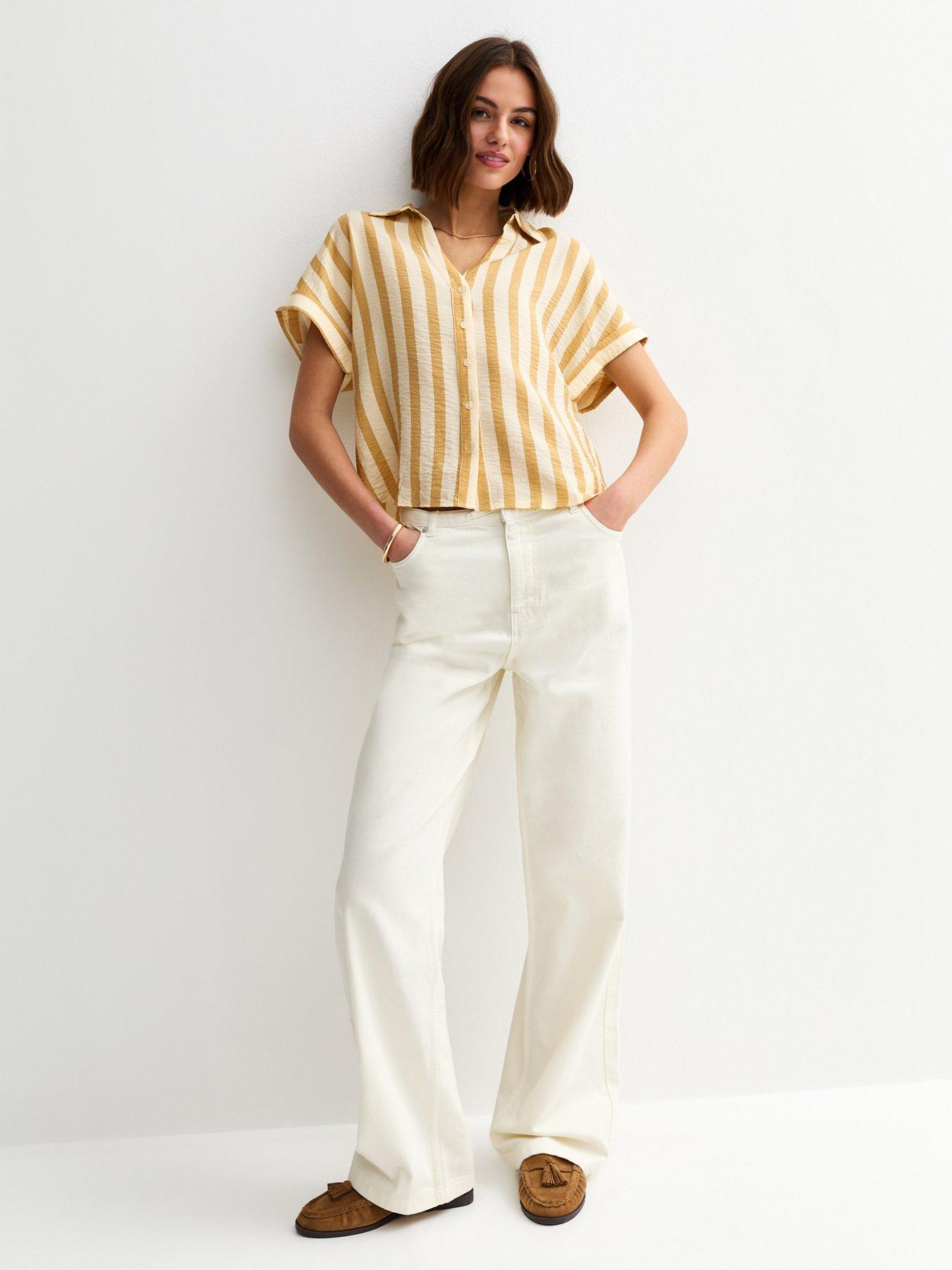 Image 3 of 6 of New Look Lightweight Wide Stripe Cropped Shirt - Yellow