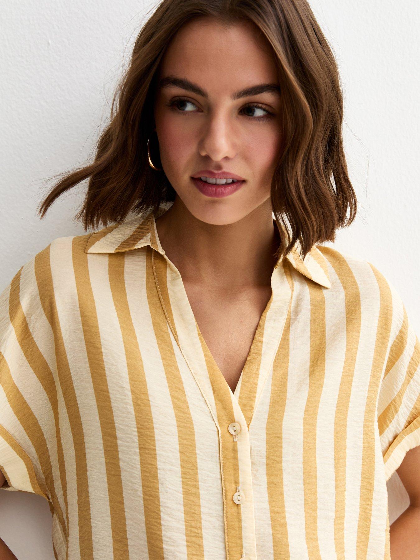 Image 4 of 6 of New Look Lightweight Wide Stripe Cropped Shirt - Yellow
