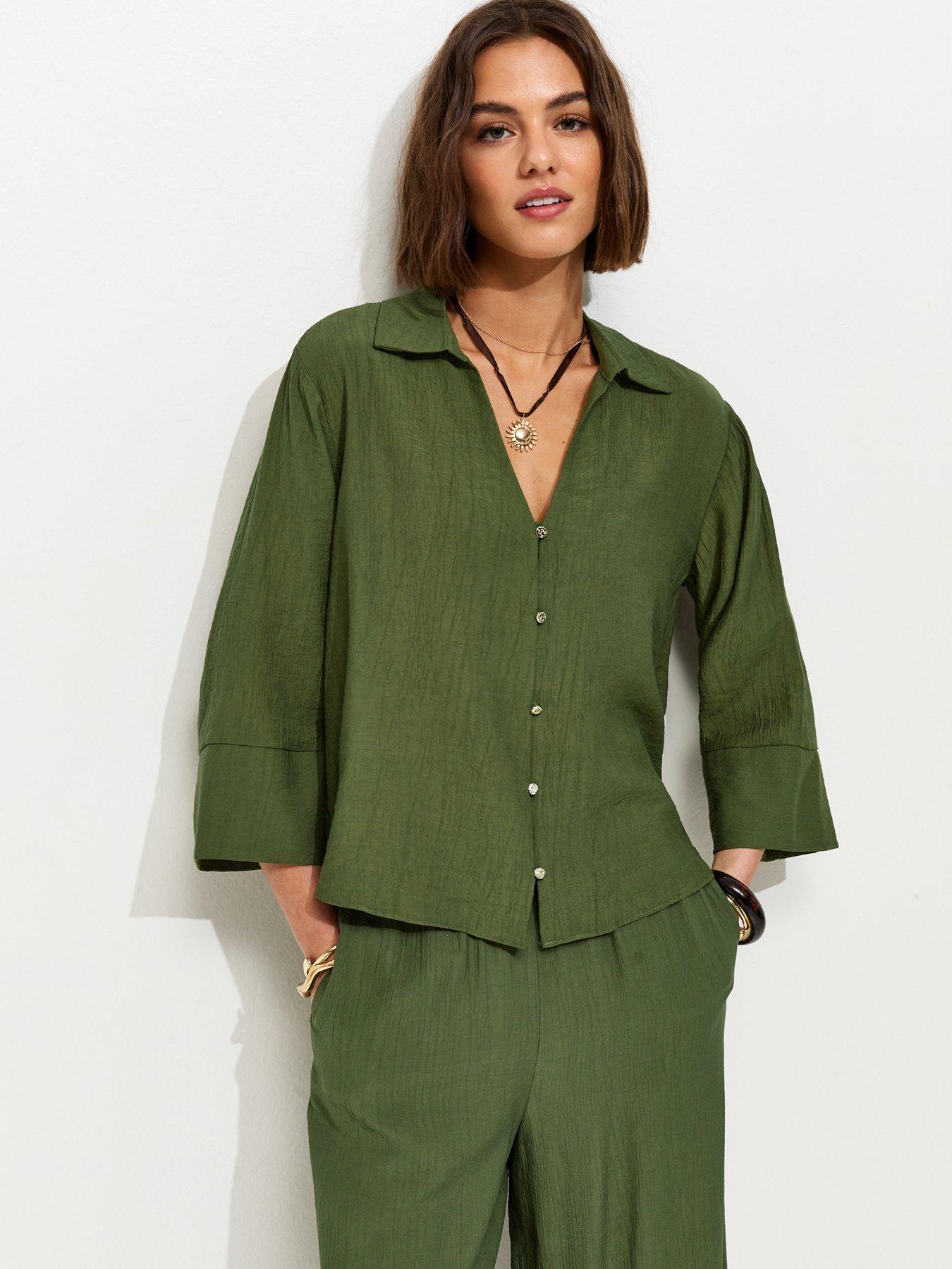 New Look Crinkle 3/4 Sleeve Shirt - Dark Khaki