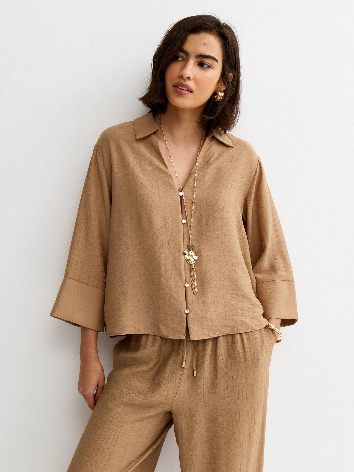 Image 1 of 6 of New Look Crinkled Cropped Sleeve Shirt - Camel