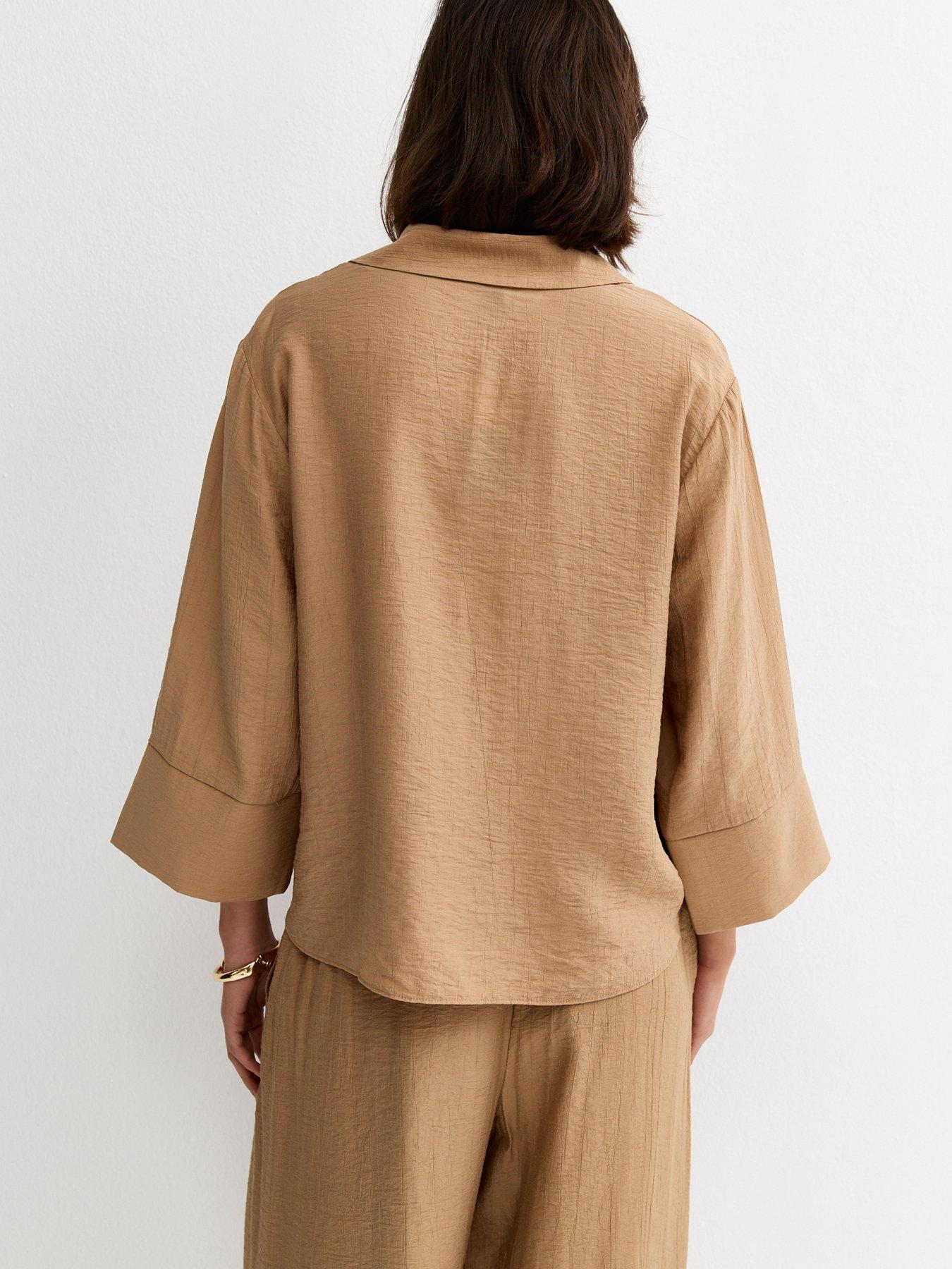 Image 2 of 6 of New Look Crinkled Cropped Sleeve Shirt - Camel