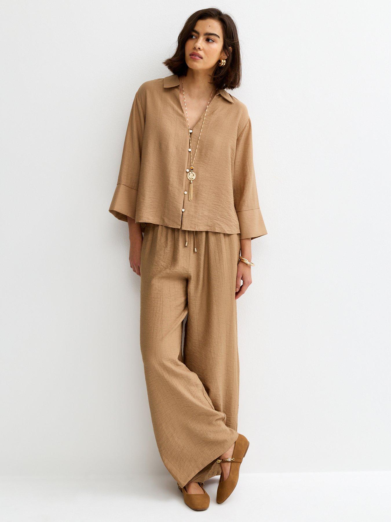 Image 3 of 6 of New Look Crinkled Cropped Sleeve Shirt - Camel