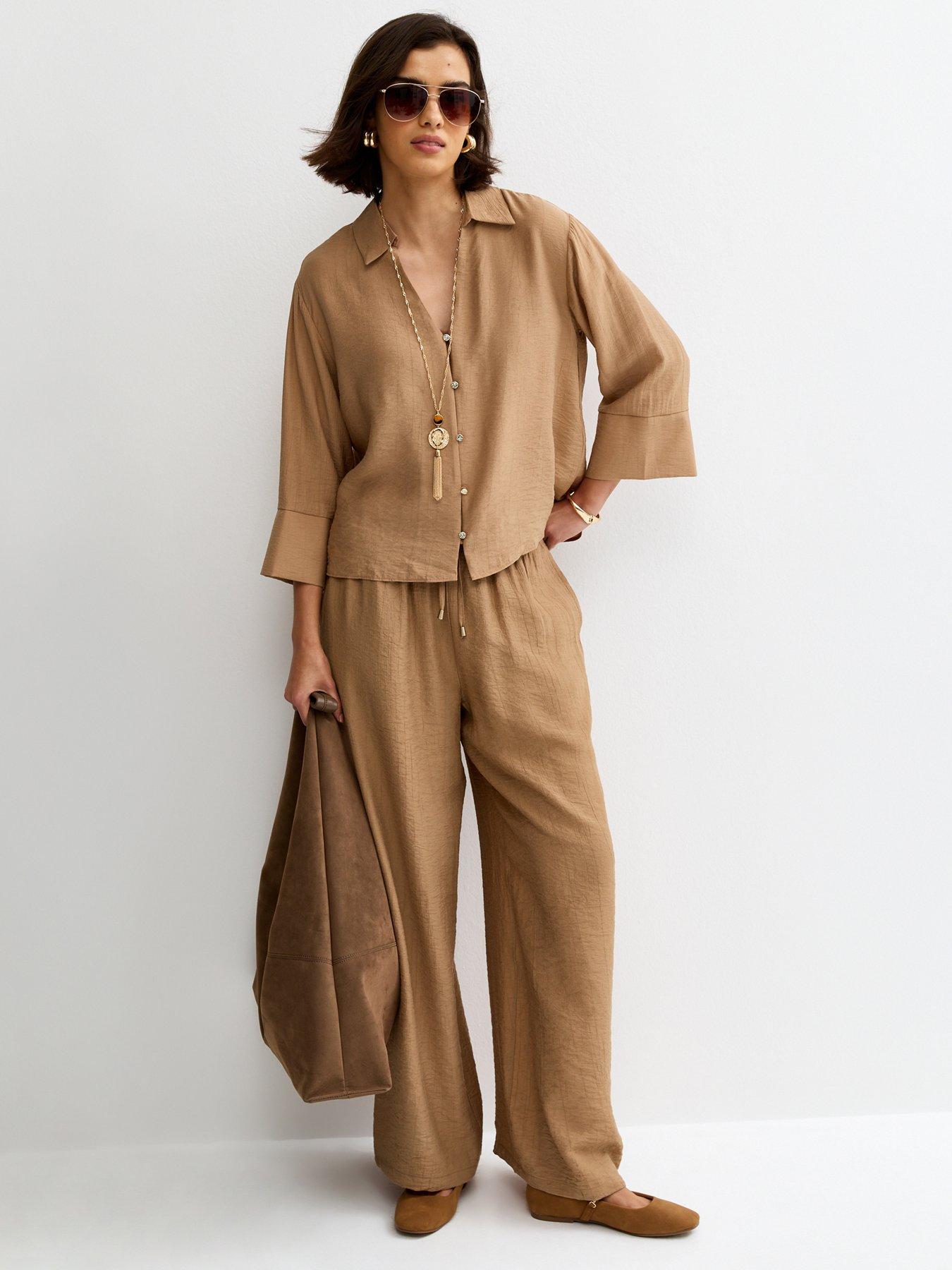 Image 4 of 6 of New Look Crinkled Cropped Sleeve Shirt - Camel