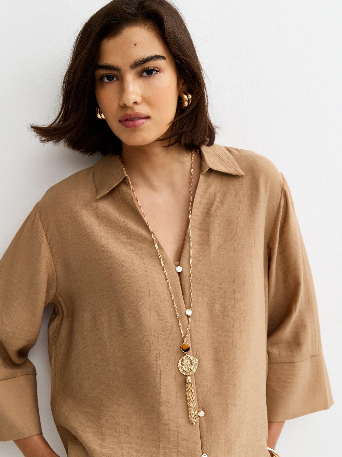Image 5 of 6 of New Look Crinkled Cropped Sleeve Shirt - Camel