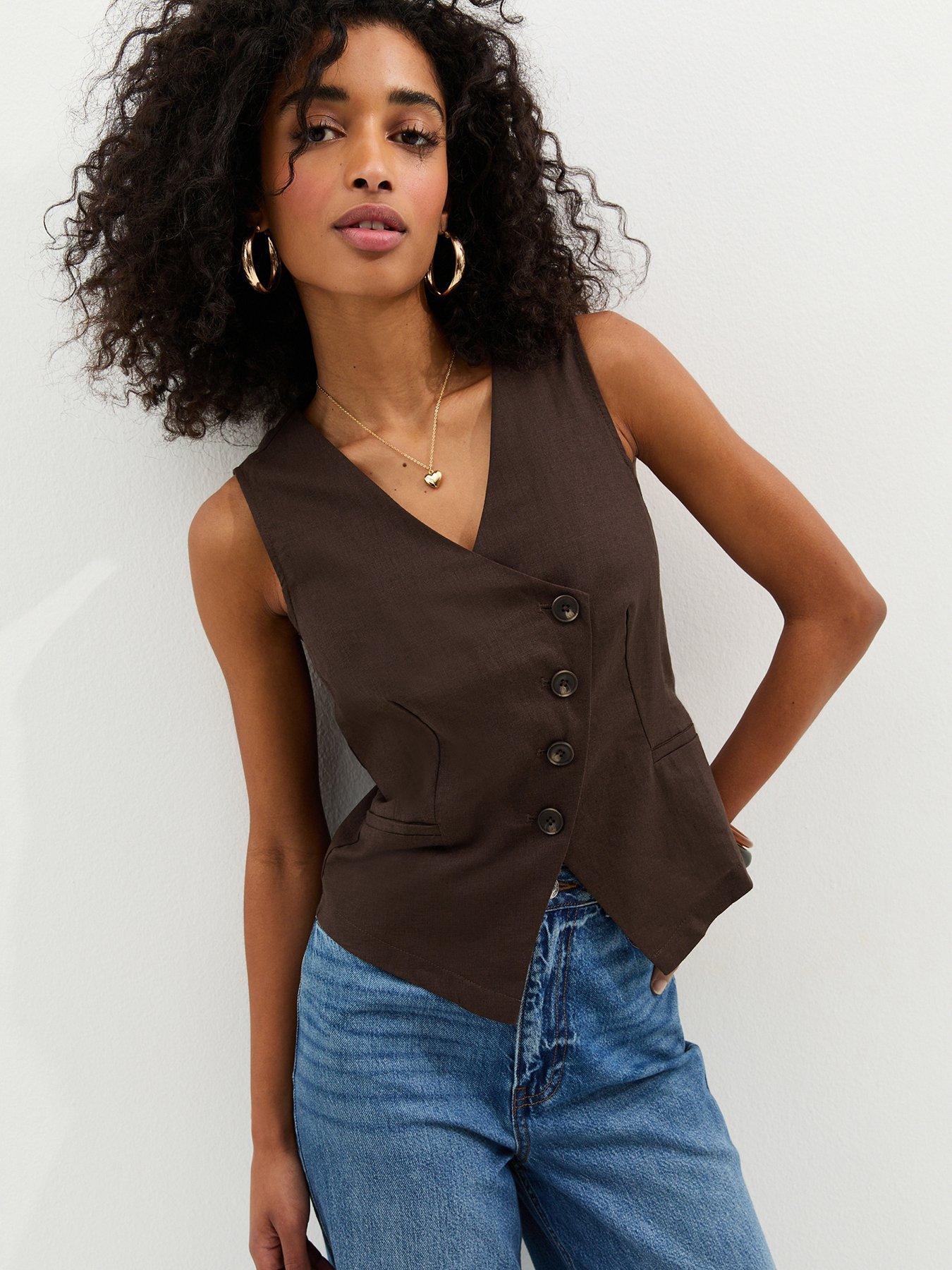 new-look-linen-blend-asymmetric-waistcoat-brownfront