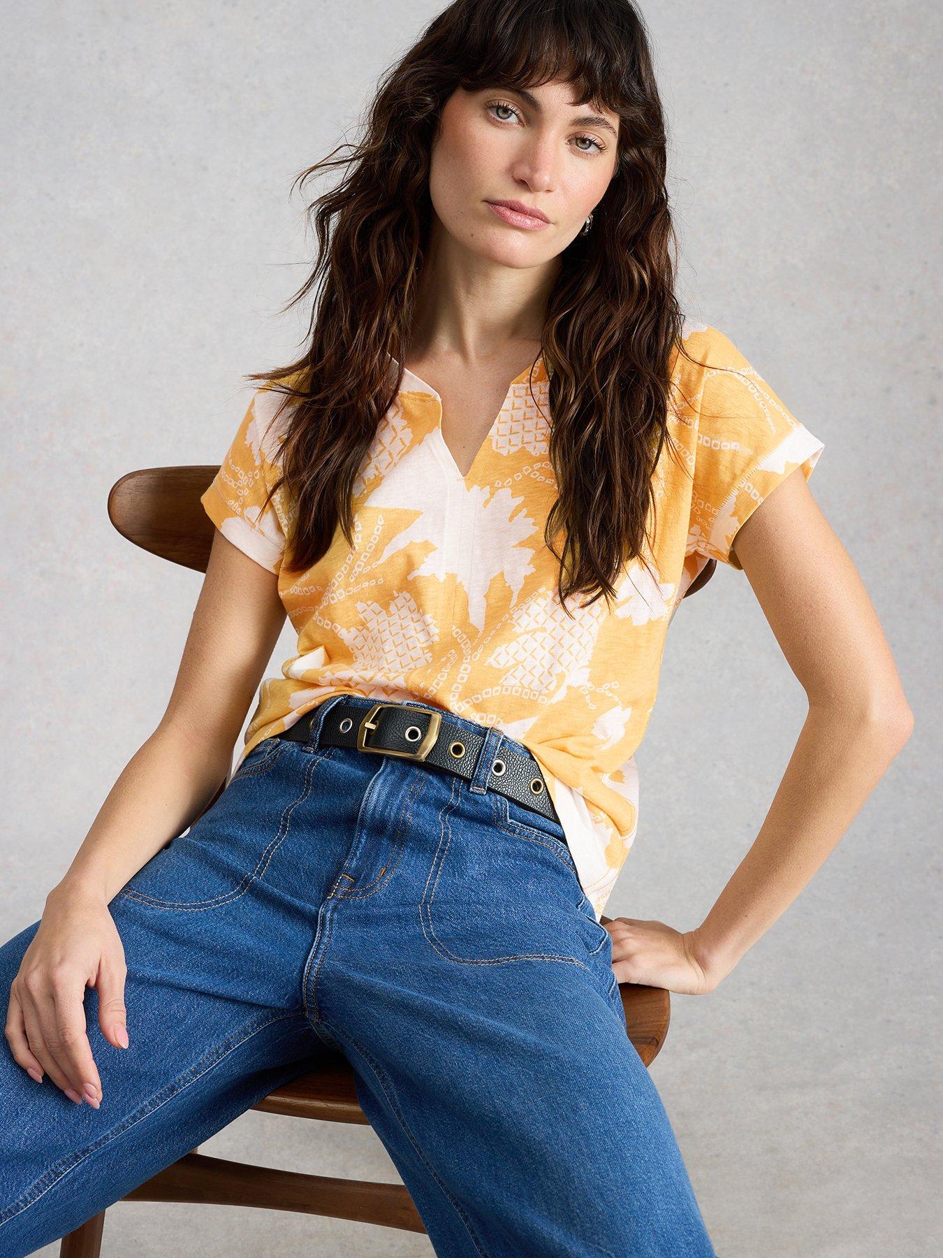 Image 1 of 6 of White Stuff Nelly Notch Neck T-Shirt - Yellow