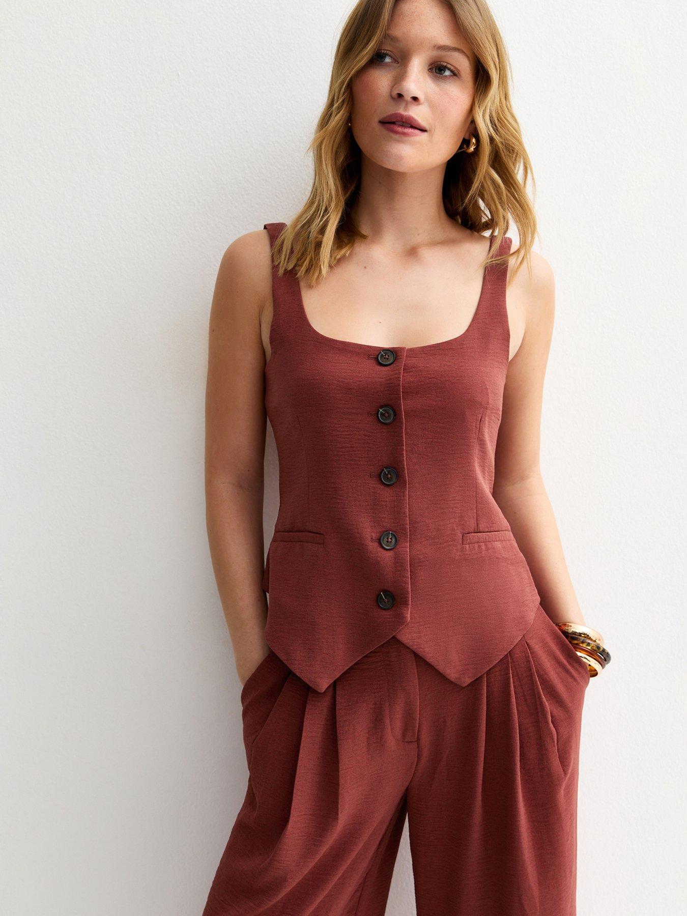 Image 1 of 5 of New Look Scoop Neck Button Up Waistcoat - Rust