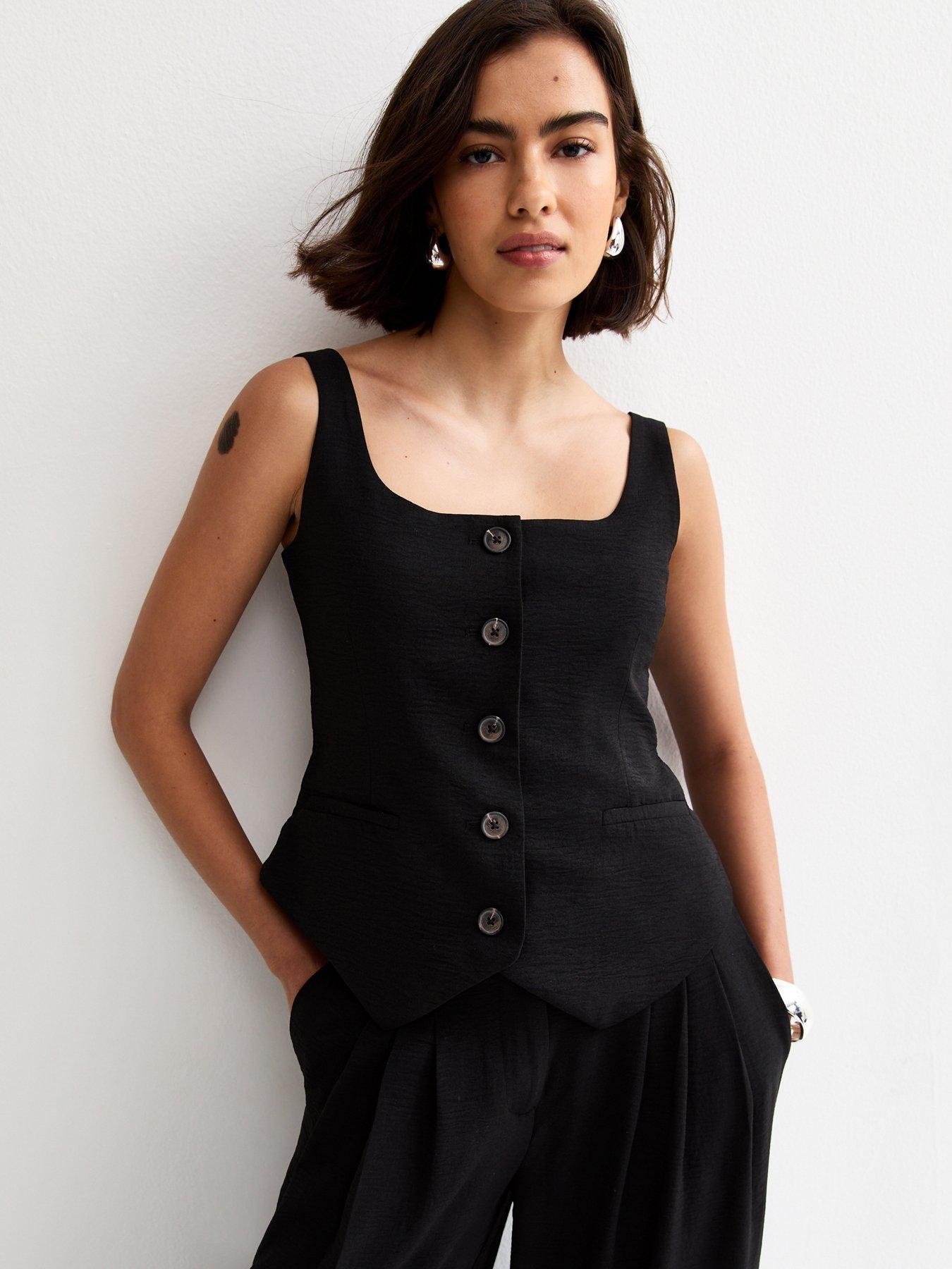 Image 1 of 6 of New Look Scoop Neck Button Up Waistcoat - Black