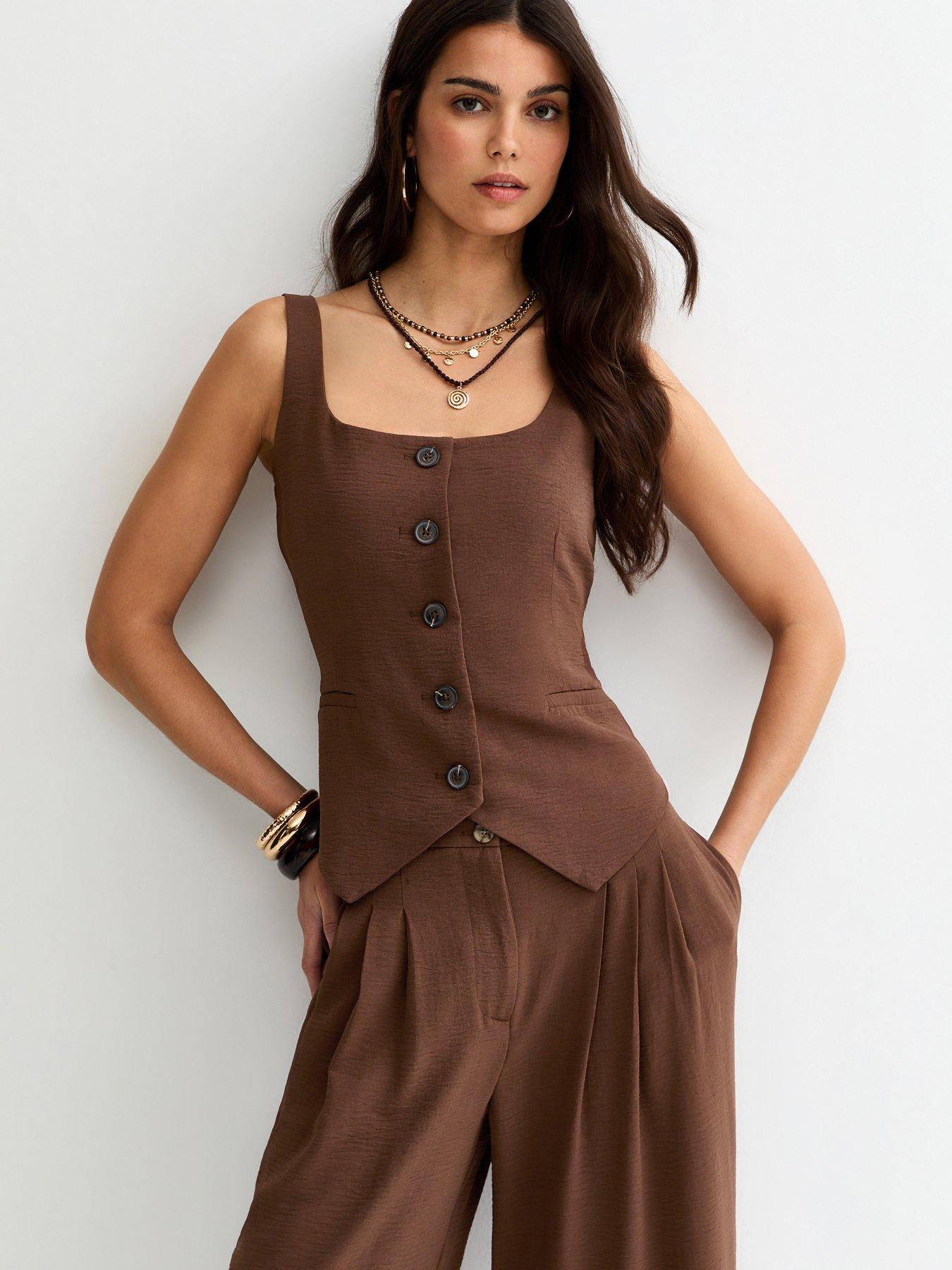 New Look Scoop Neck Button Up Waistcoat - Dark Brown