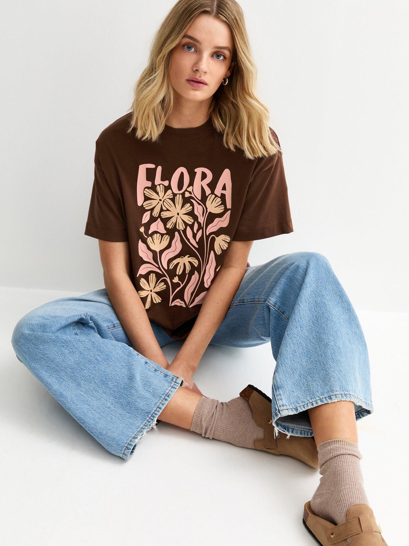 New Look Flora Graphic Print Oversized T-Shirt - Brown