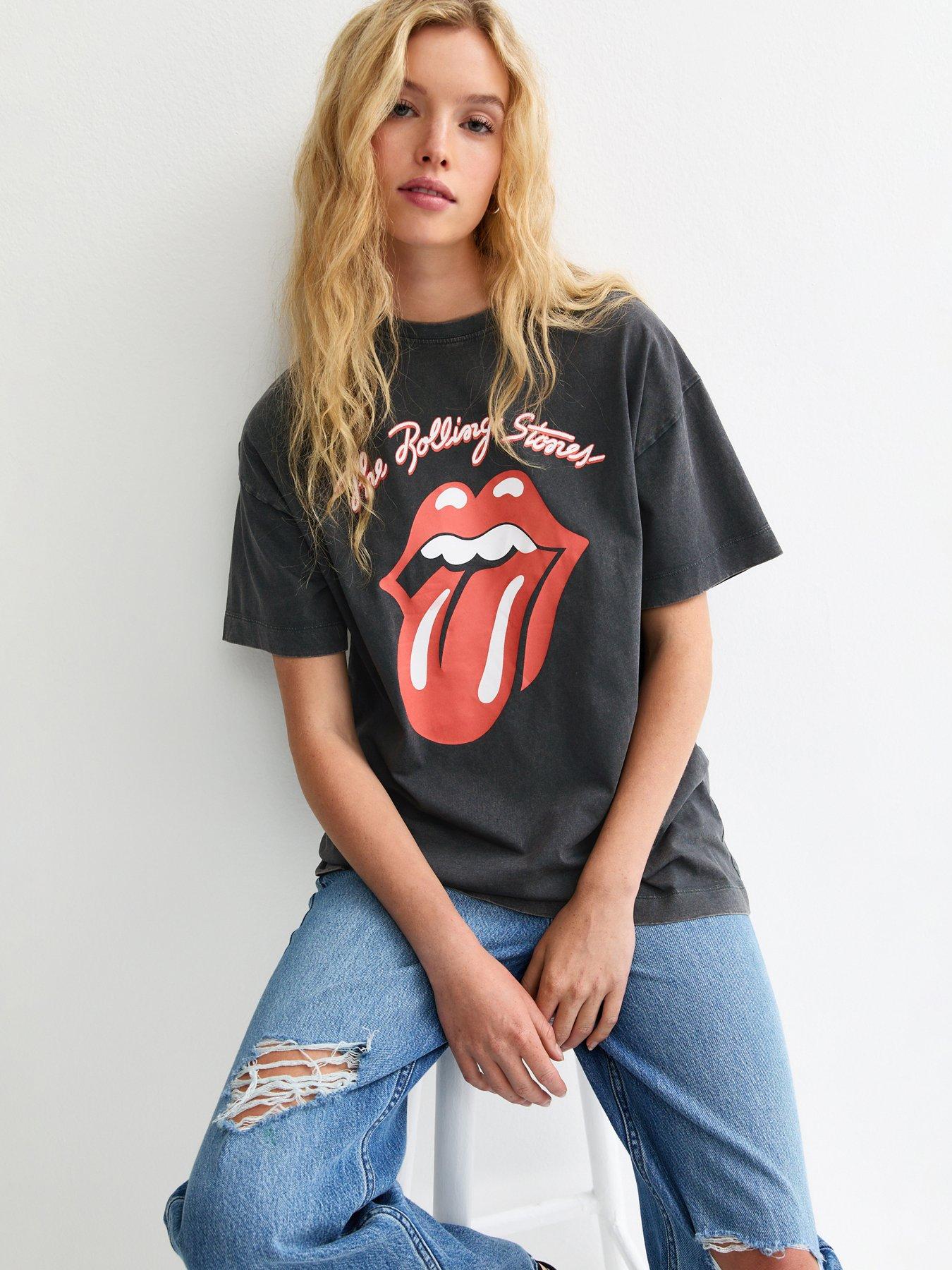 Image 1 of 5 of New Look Dark Grey Rolling Stones Lips Print Oversized T-shirt