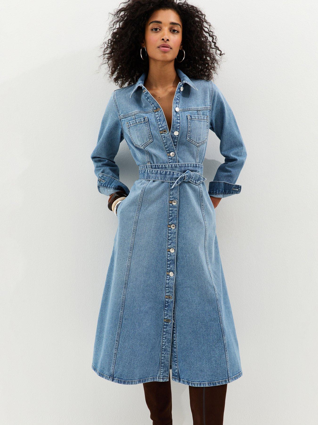 New Look Denim Long Sleeve Shirt-Style Midi Dress - Light Blue