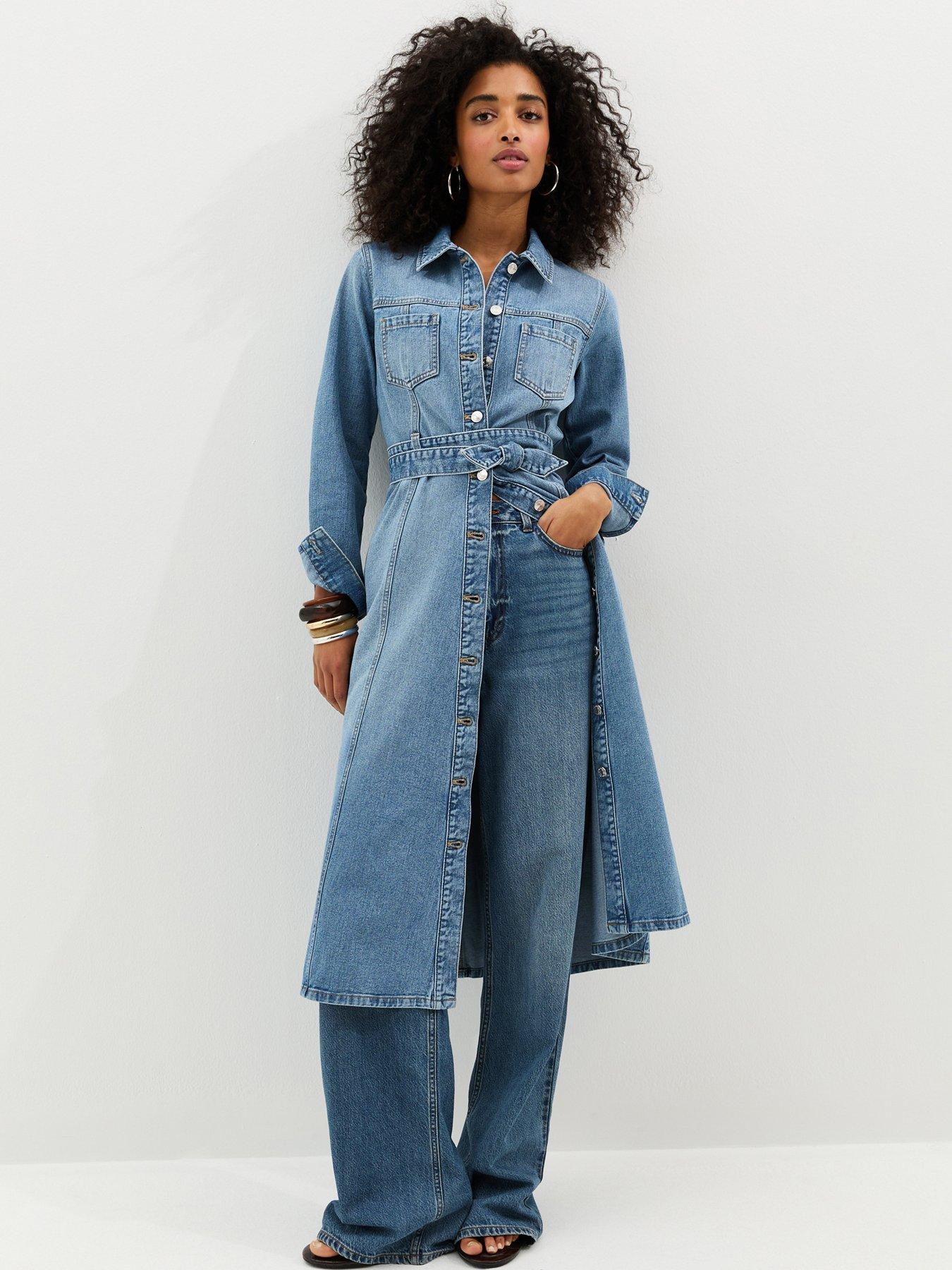 knee length dresses for ladies Denim Belted Midi Dress S
