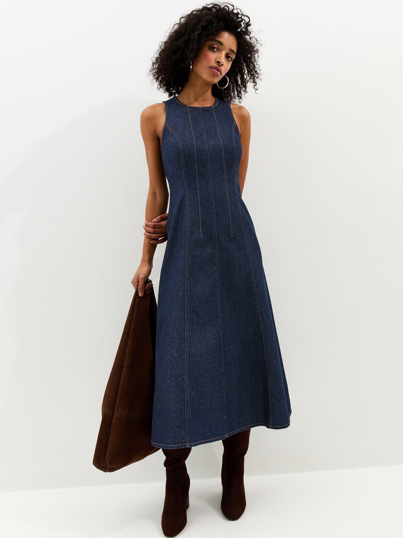 Image 1 of 6 of New Look Denim A-Line Sleeveless Midi Dress - Blue