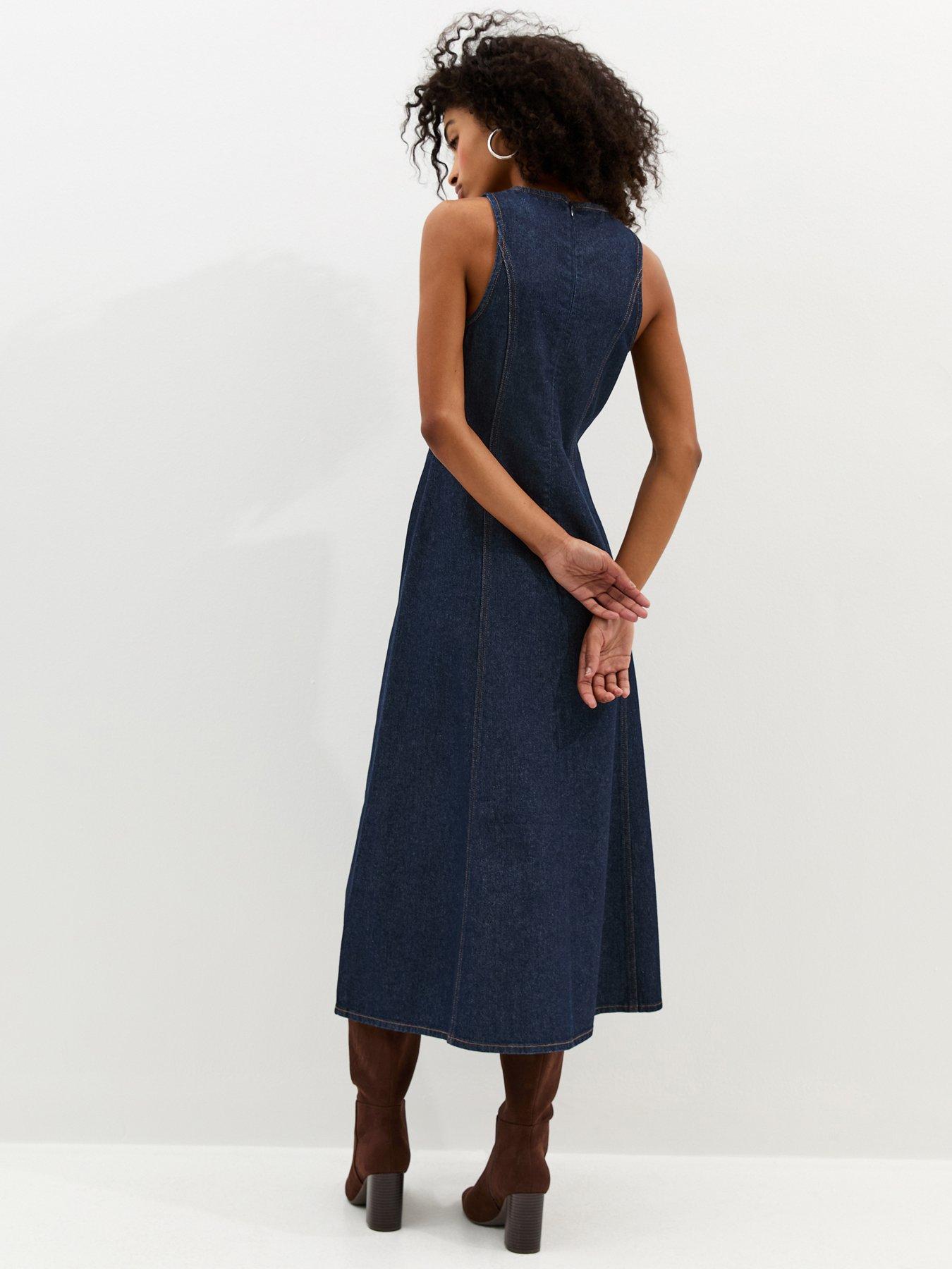 Image 2 of 6 of New Look Denim A-Line Sleeveless Midi Dress - Blue