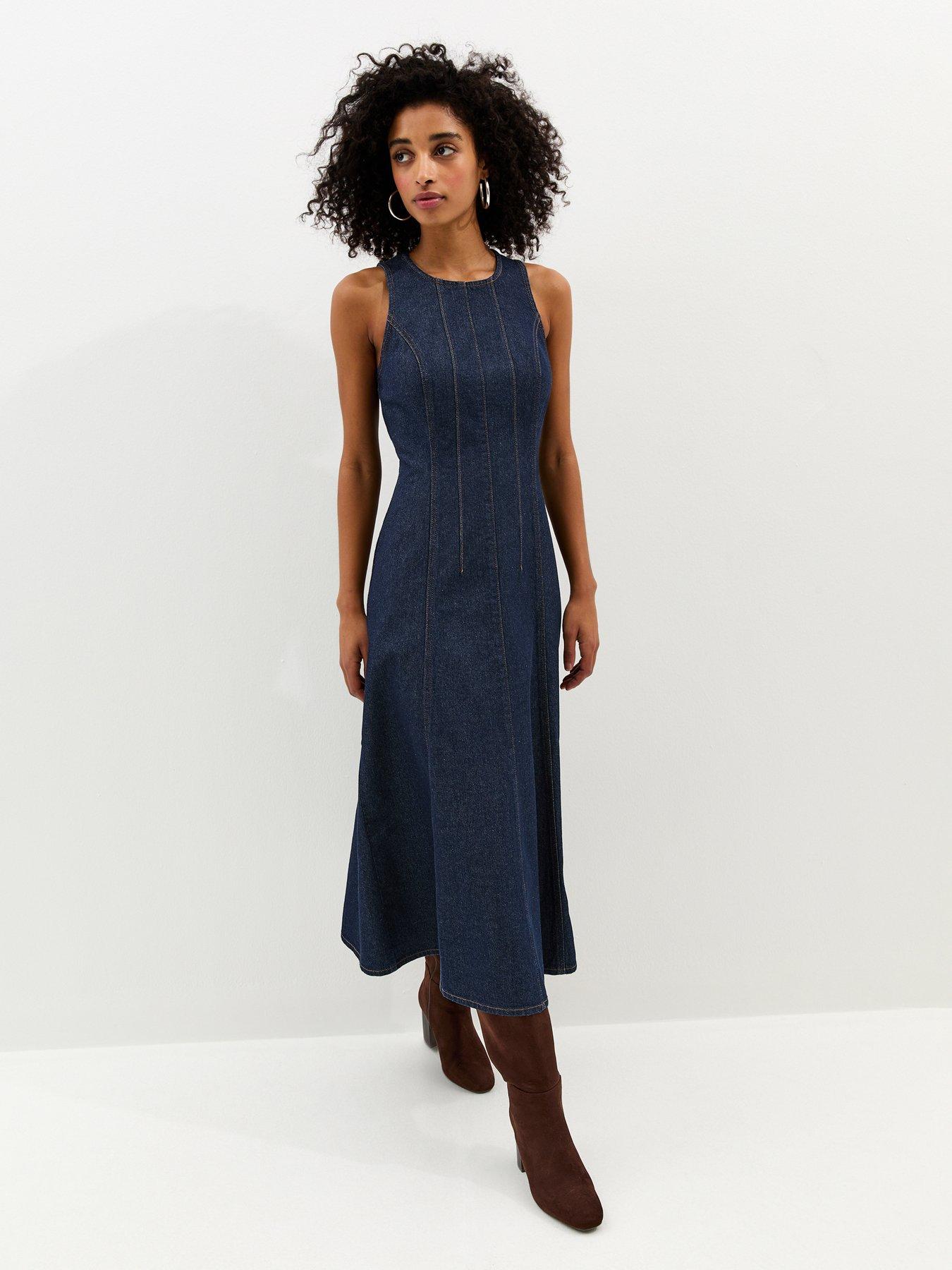 Image 3 of 6 of New Look Denim A-Line Sleeveless Midi Dress - Blue