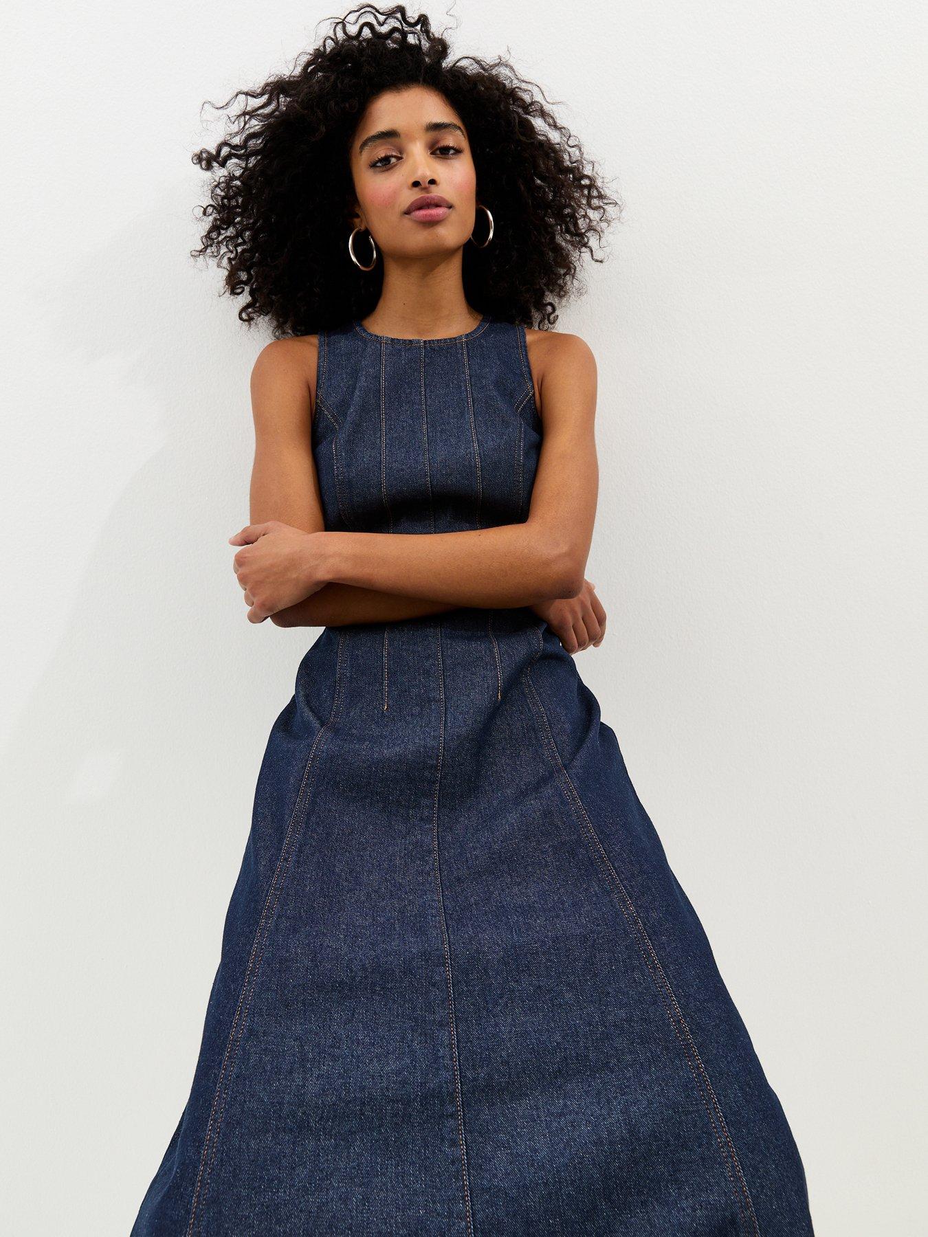 Image 4 of 6 of New Look Denim A-Line Sleeveless Midi Dress - Blue