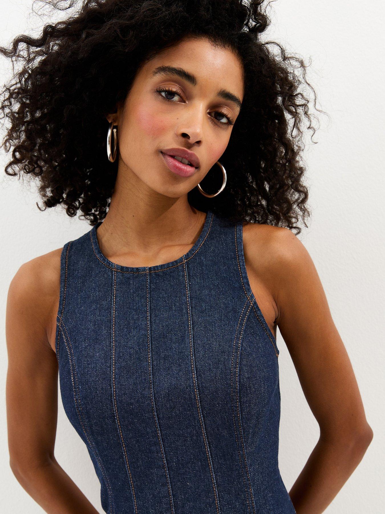 Image 5 of 6 of New Look Denim A-Line Sleeveless Midi Dress - Blue