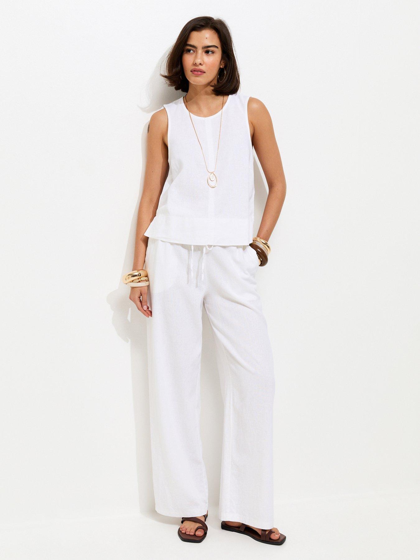 Image 1 of 5 of New Look Linen Blend Drawstring Wide Leg Trousers - White
