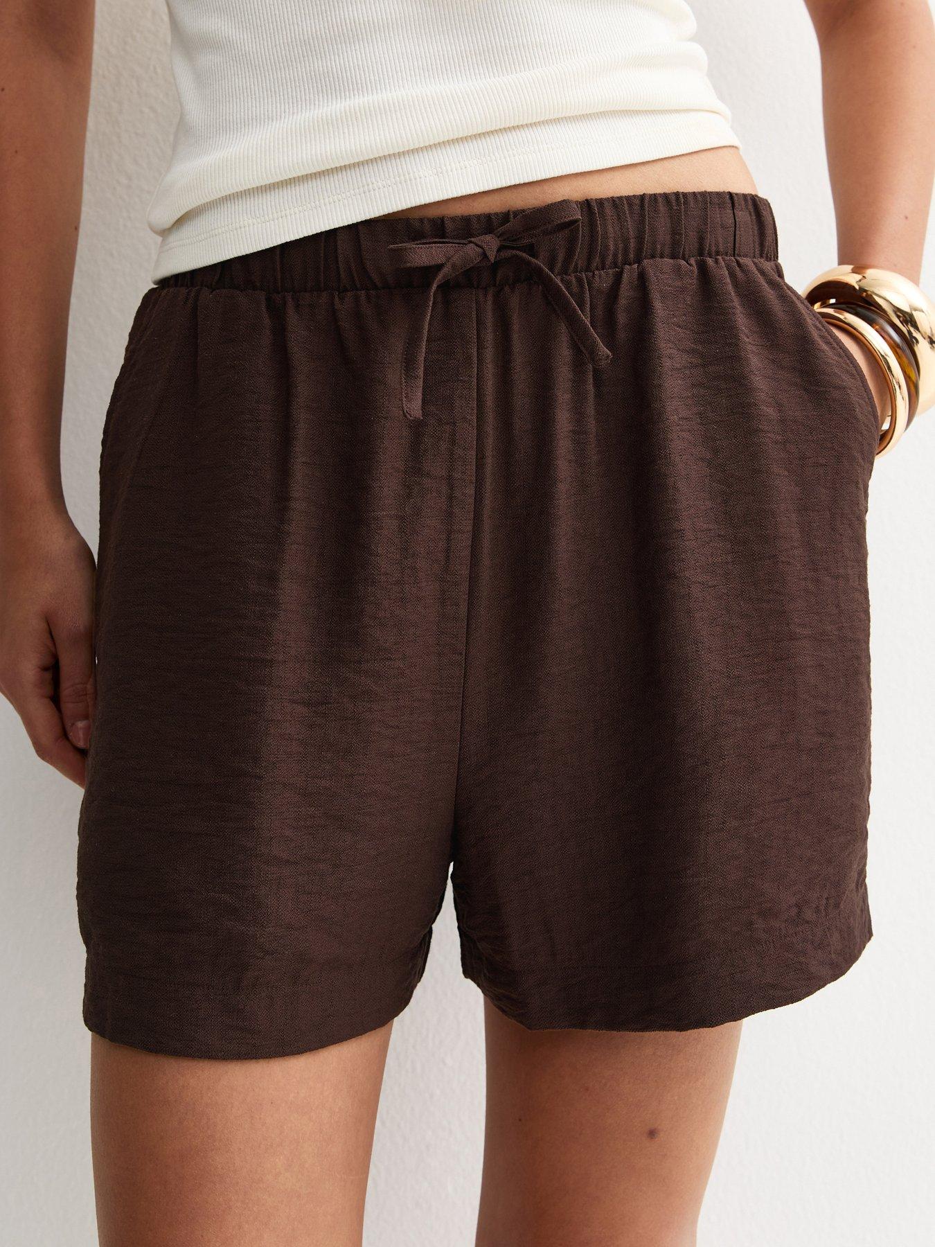 new-look-dark-brown-woven-drawstring-shortsfront
