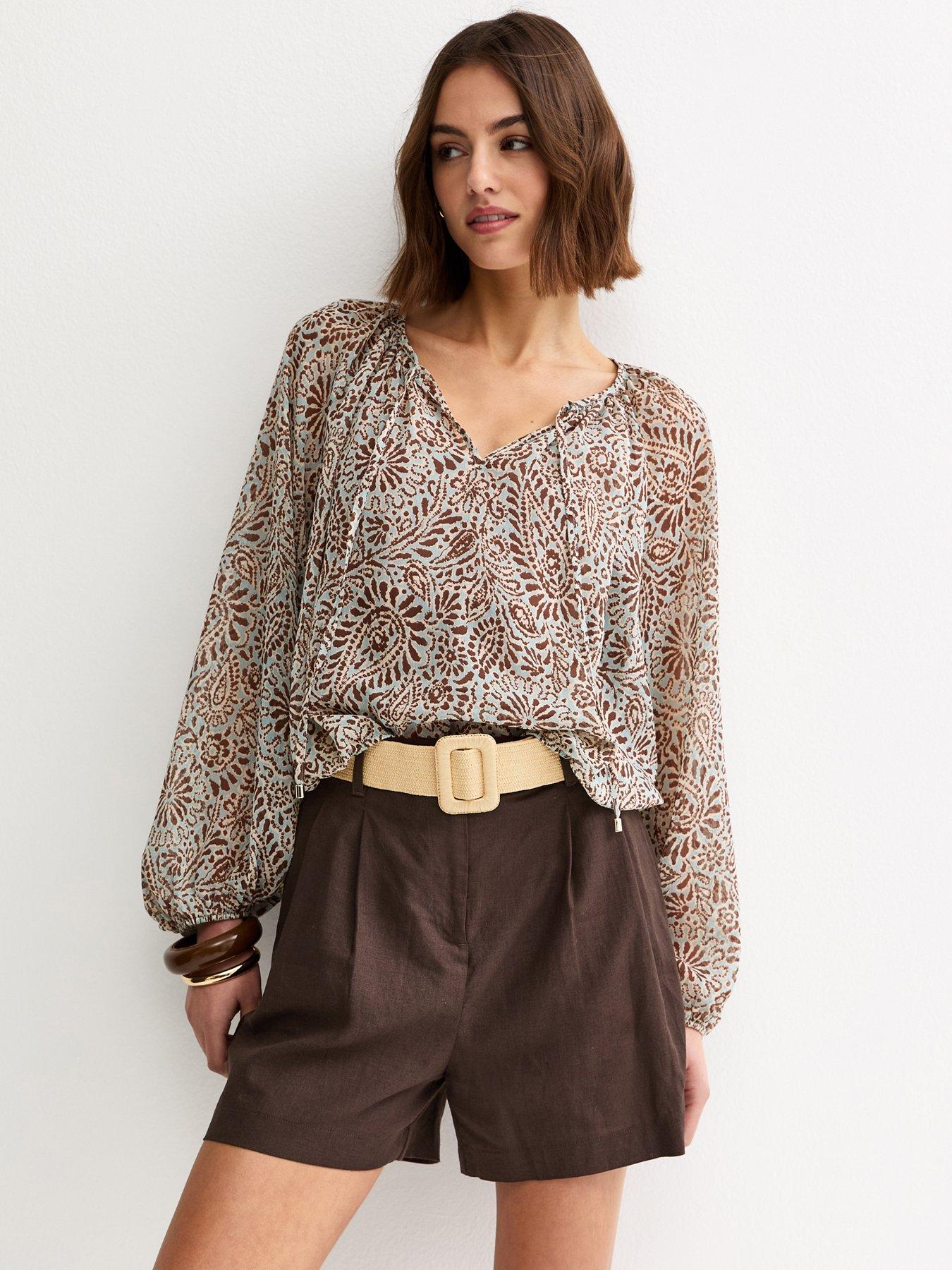 New Look Linen Blend Belted Shorts - Dark Brown