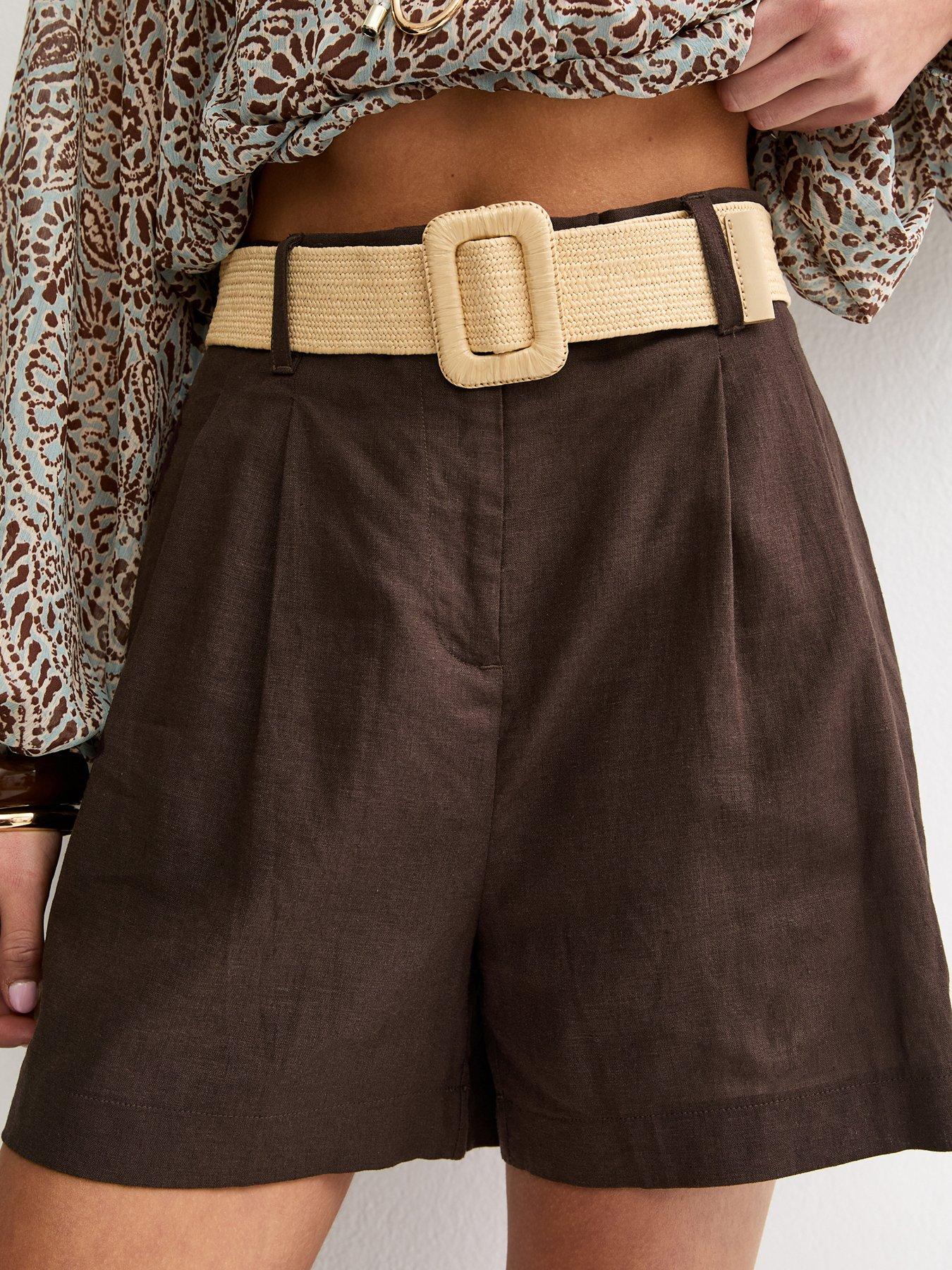 Image 4 of 5 of New Look Linen Blend Belted Shorts - Dark Brown