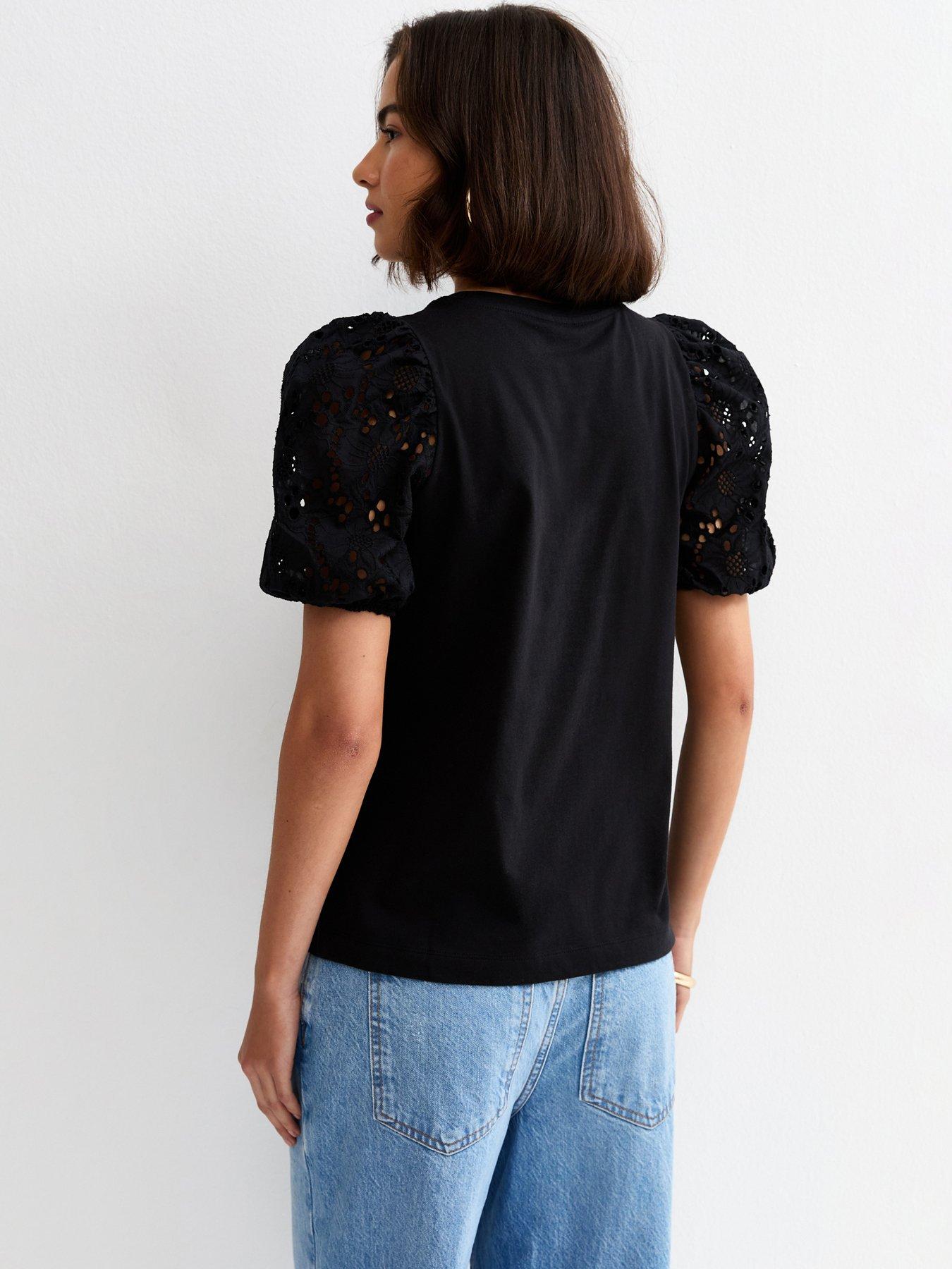 Image 2 of 5 of New Look Black Broderie Anglaise Puff Sleeve Top