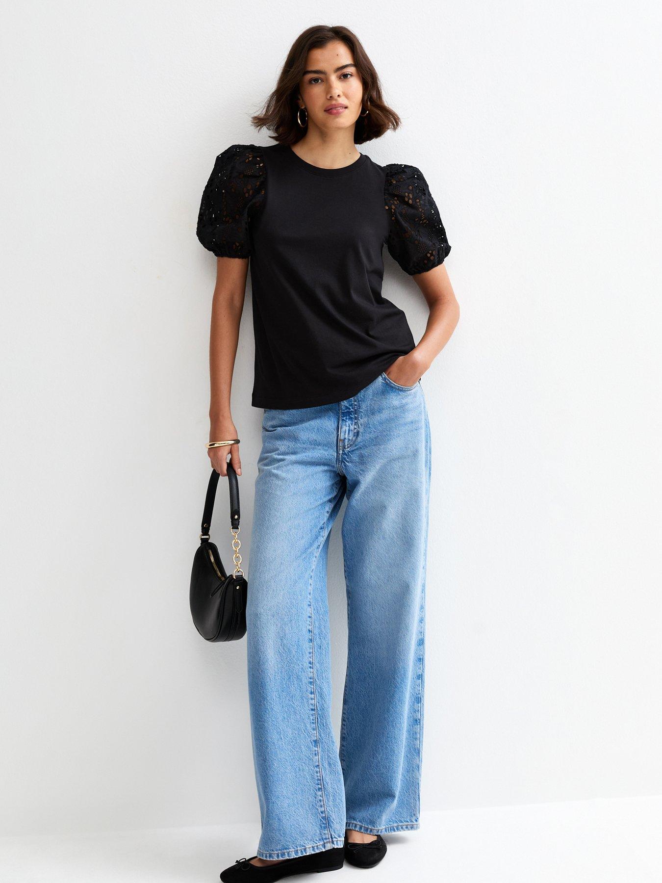 Image 3 of 5 of New Look Black Broderie Anglaise Puff Sleeve Top