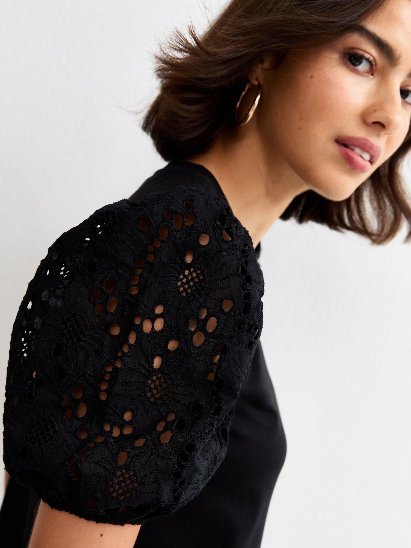 Image 4 of 5 of New Look Black Broderie Anglaise Puff Sleeve Top