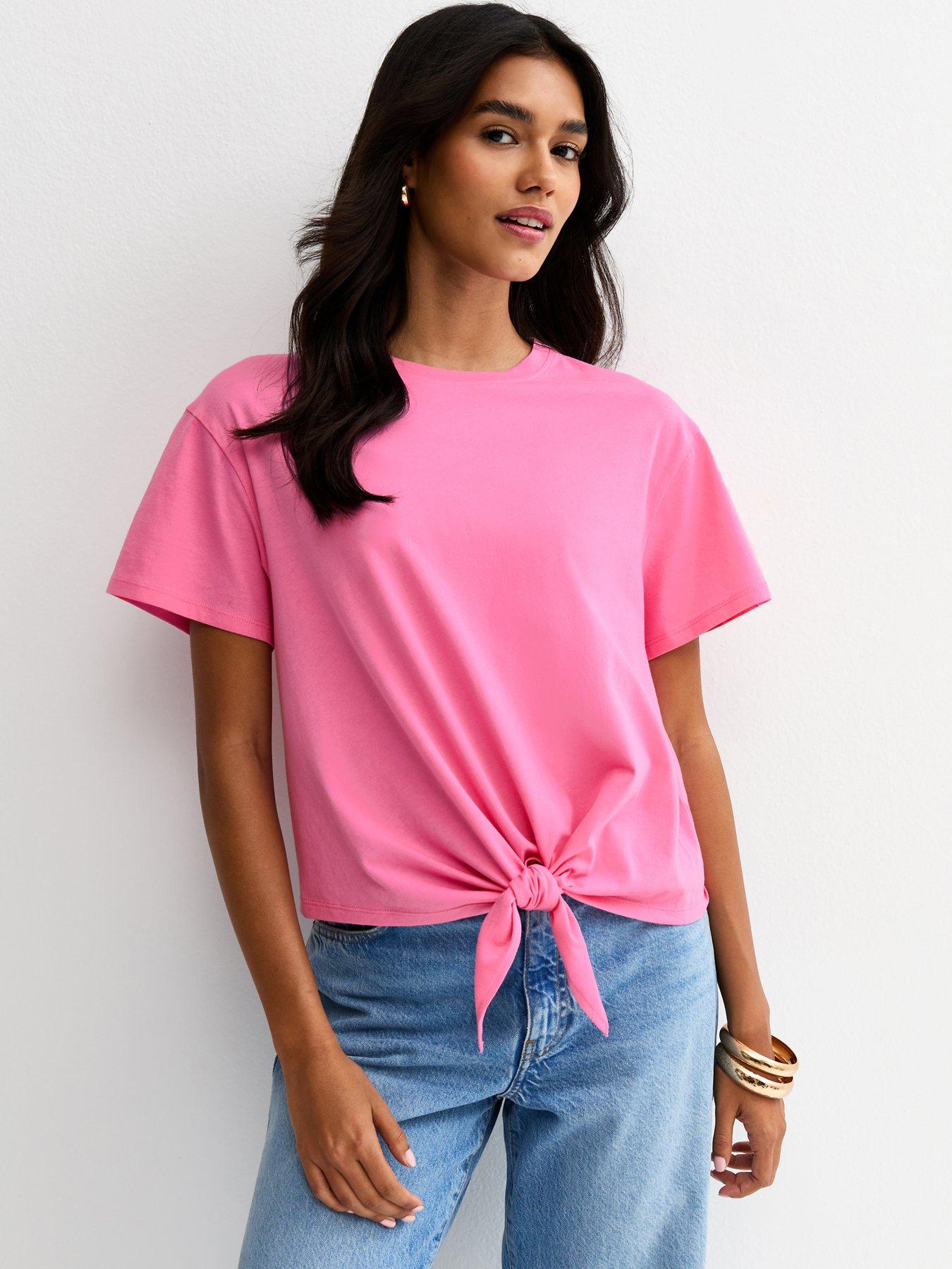 Image 1 of 5 of New Look Tie Front T-Shirt - Bright Pink