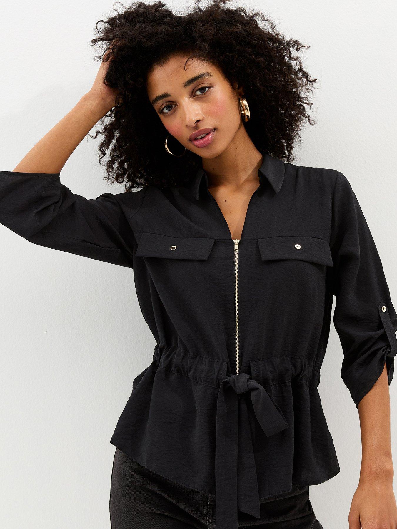 New Look Zip Up Cropped Sleeve Shirt - Black