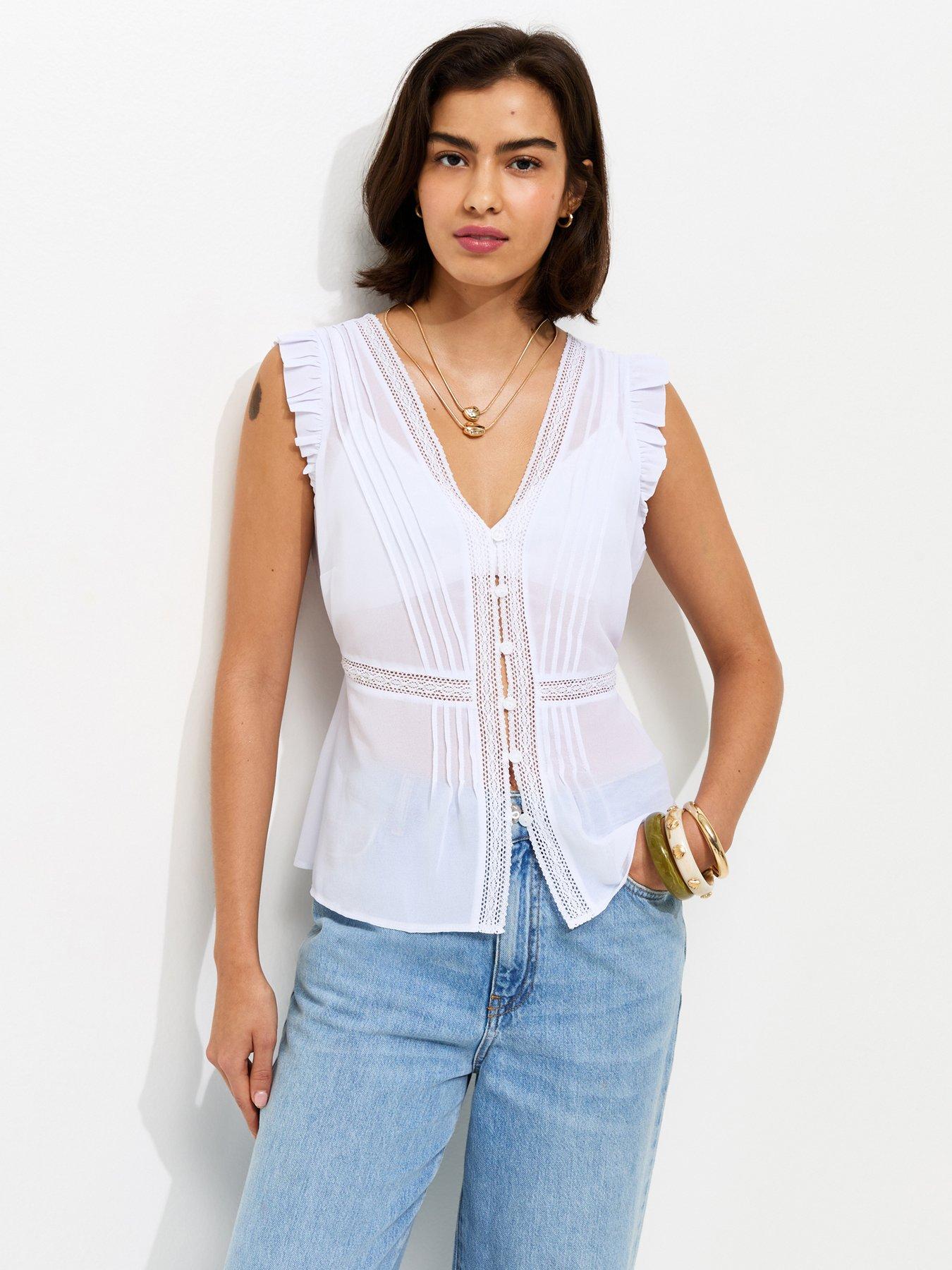 New Look Cream Pintuck Lace Trim Semi-sheer Top