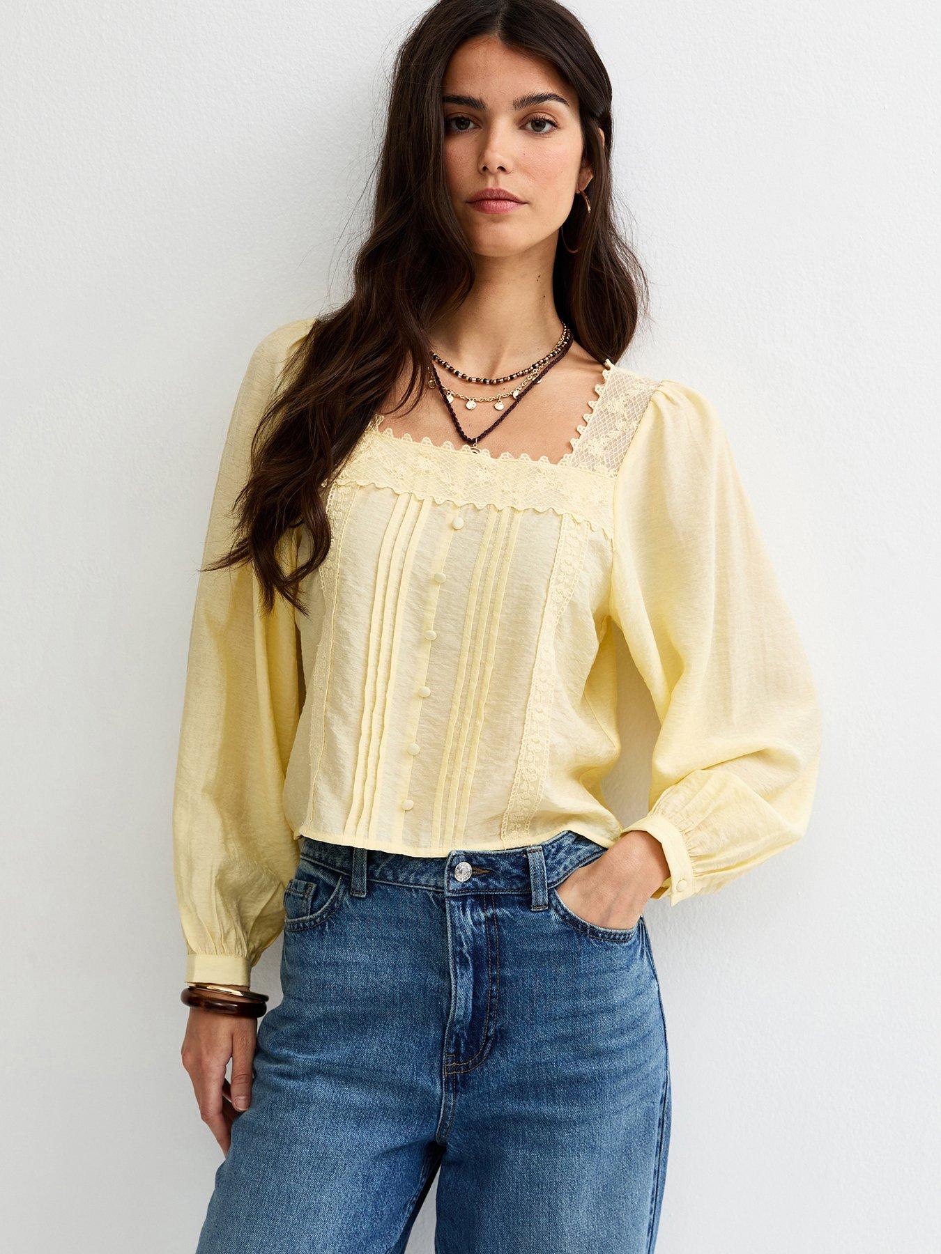 Image 1 of 5 of New Look Lace Trim Square Neck Blouse - Light Yellow