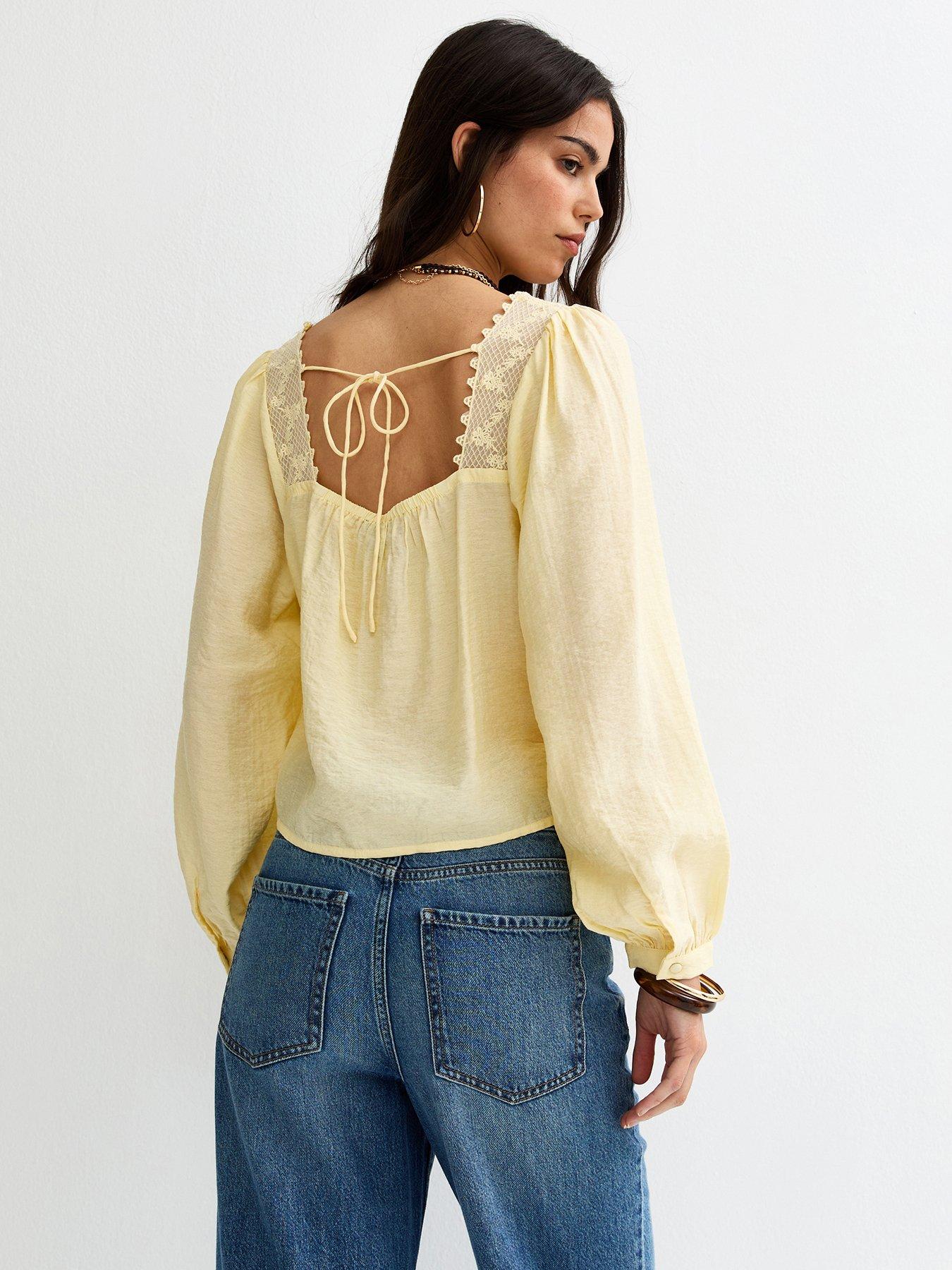 Image 2 of 5 of New Look Lace Trim Square Neck Blouse - Light Yellow