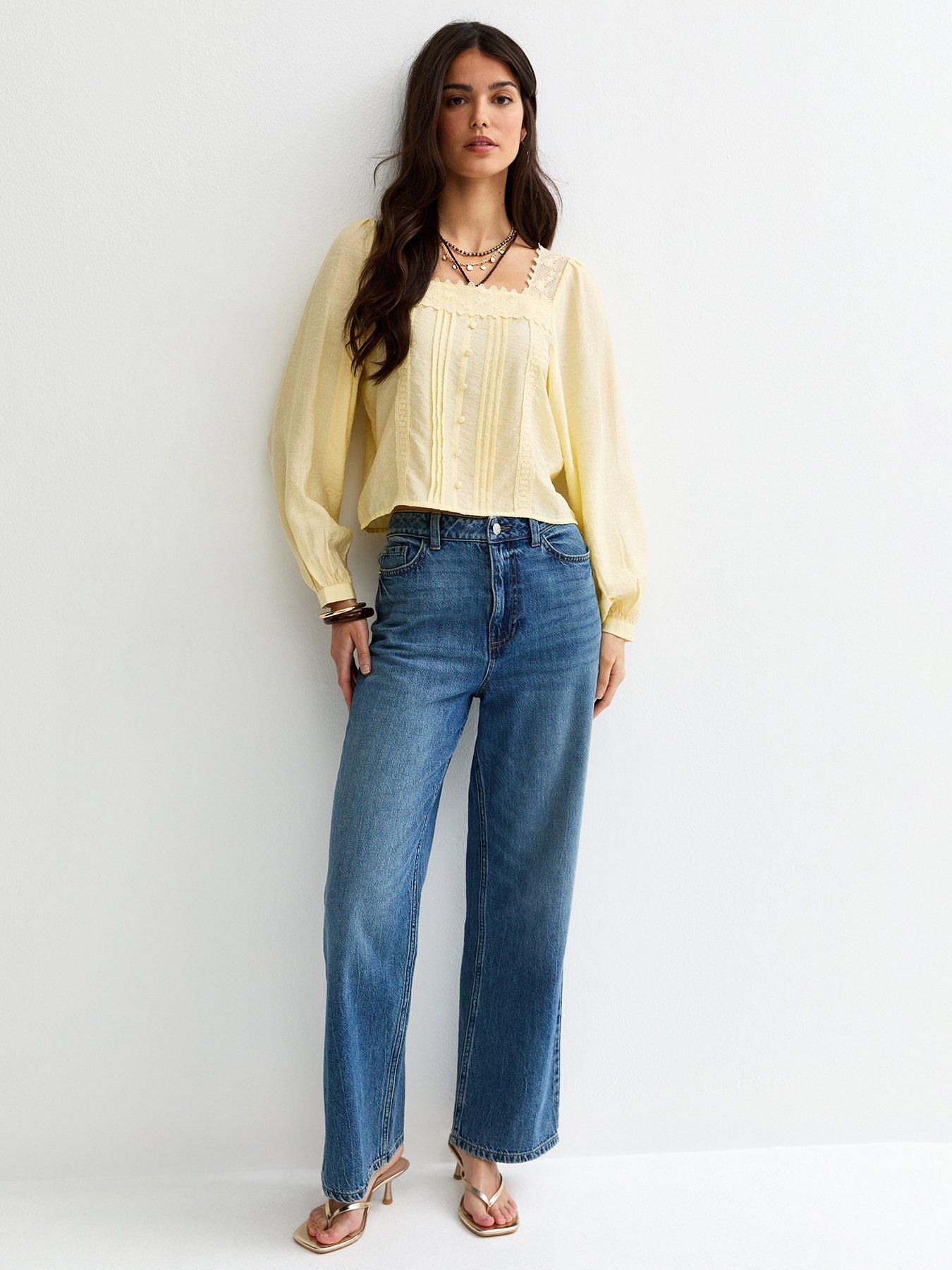 Image 3 of 5 of New Look Lace Trim Square Neck Blouse - Light Yellow