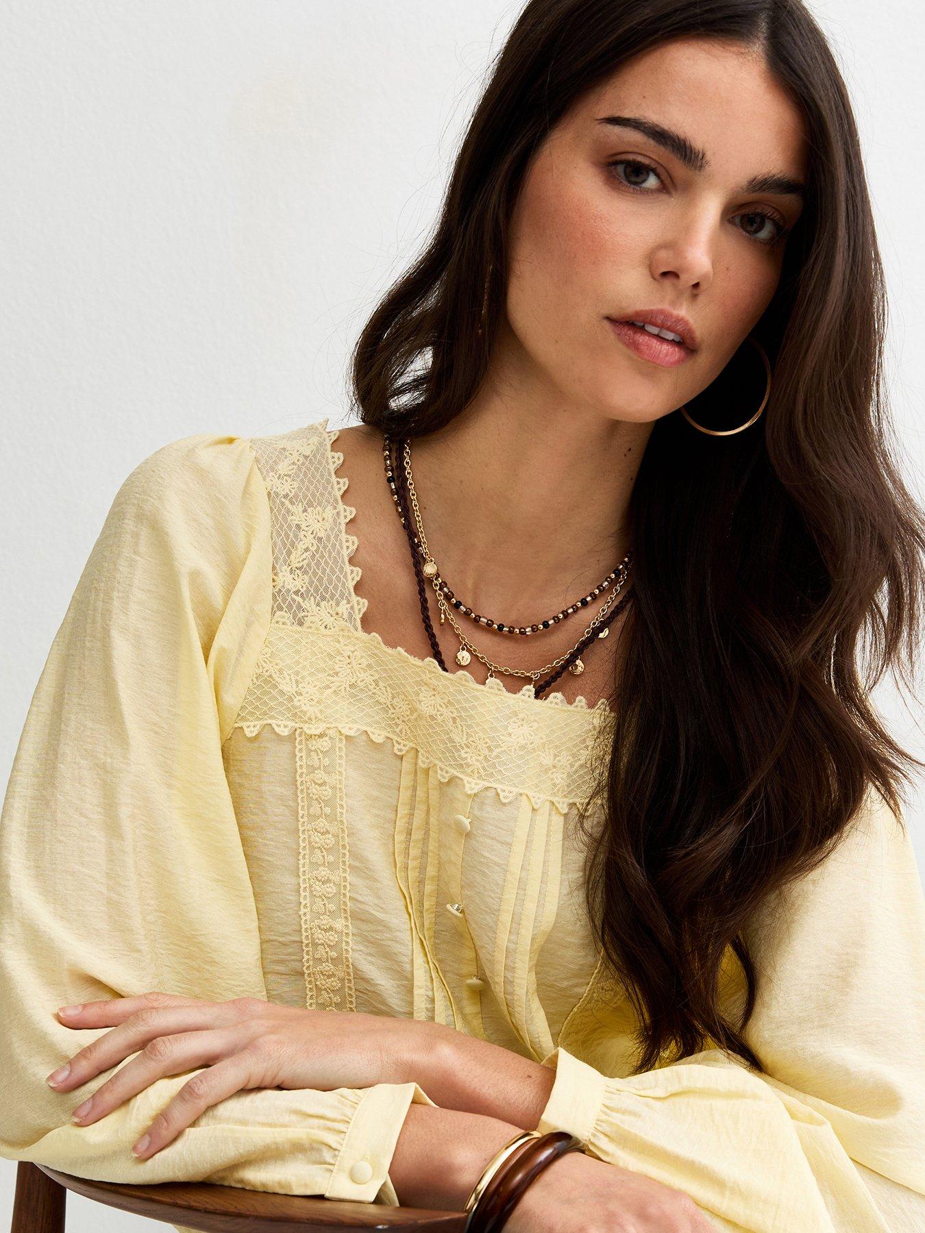 Image 4 of 5 of New Look Lace Trim Square Neck Blouse - Light Yellow