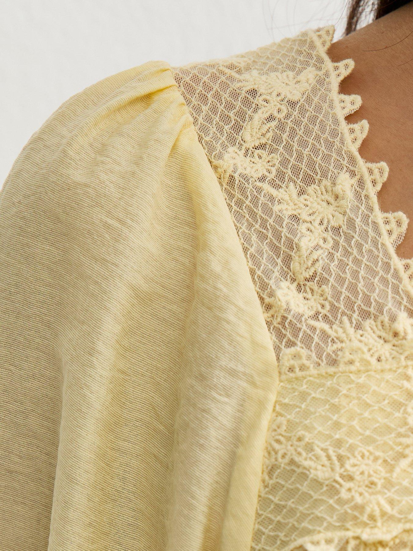 Image 5 of 5 of New Look Lace Trim Square Neck Blouse - Light Yellow
