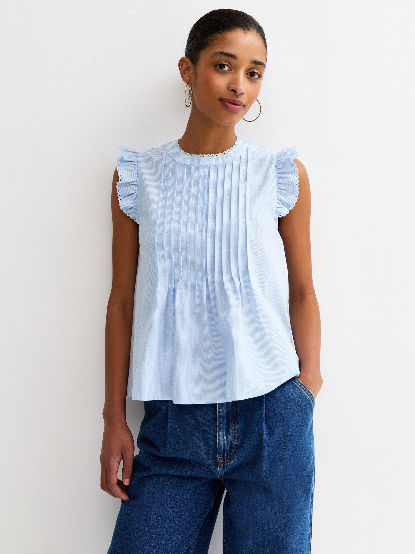 New Look Blue Striped Pintuck Sleeveless Blouse