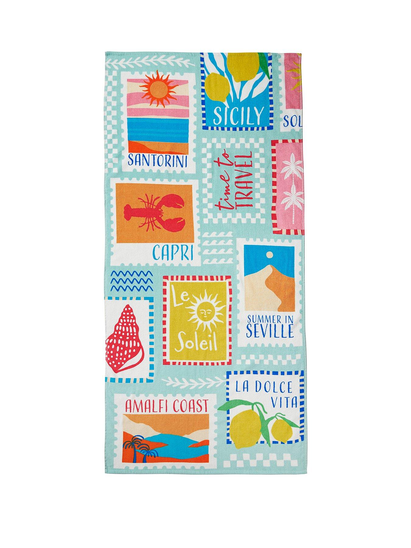 Image 2 of 3 of Catherine Lansfield Postcards 100% Cotton Beach Towel Sage