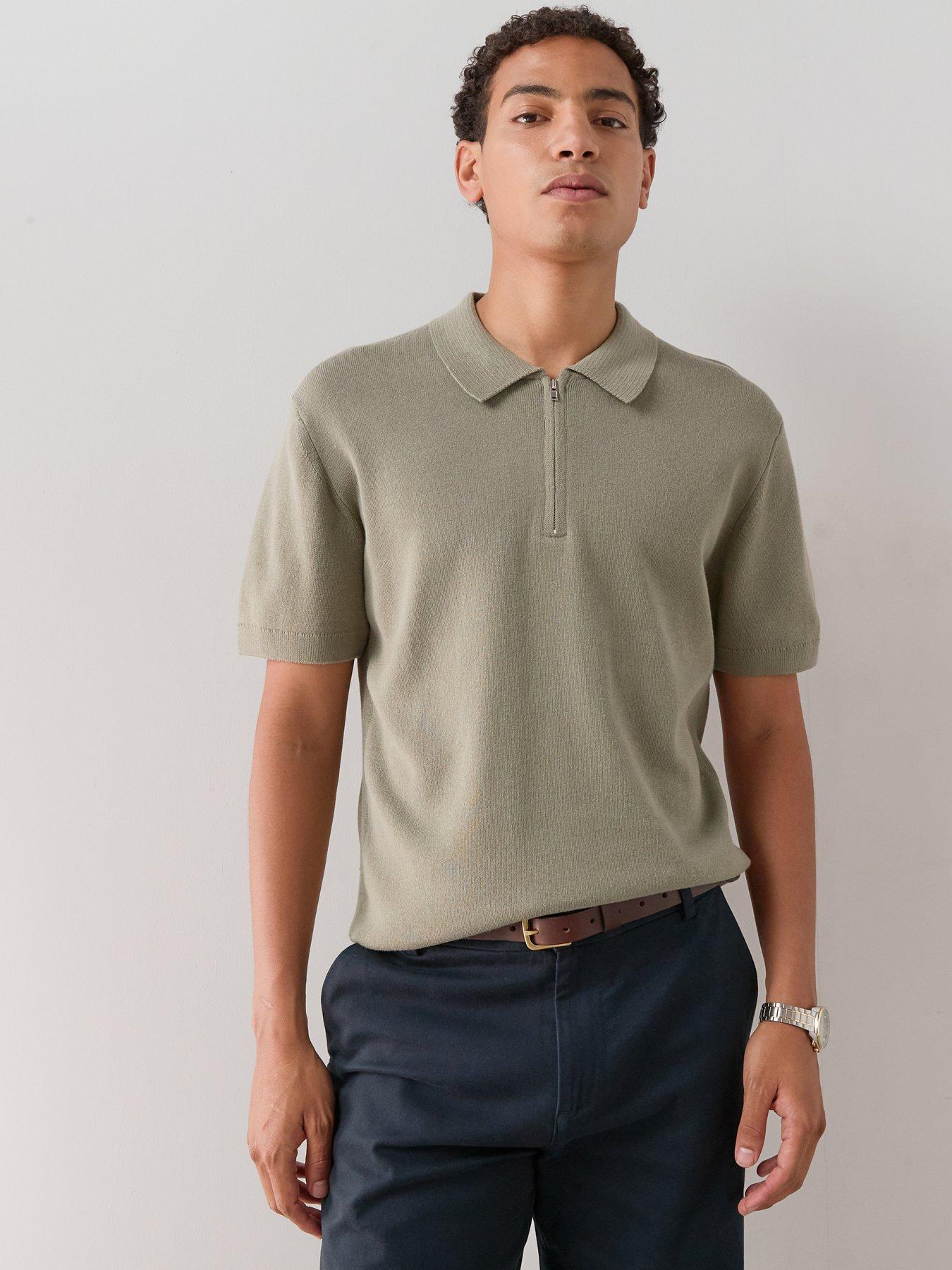 The Very Collection Cotton Rich Short Sleeve Zip Neck Polo Shirt - Sage Green