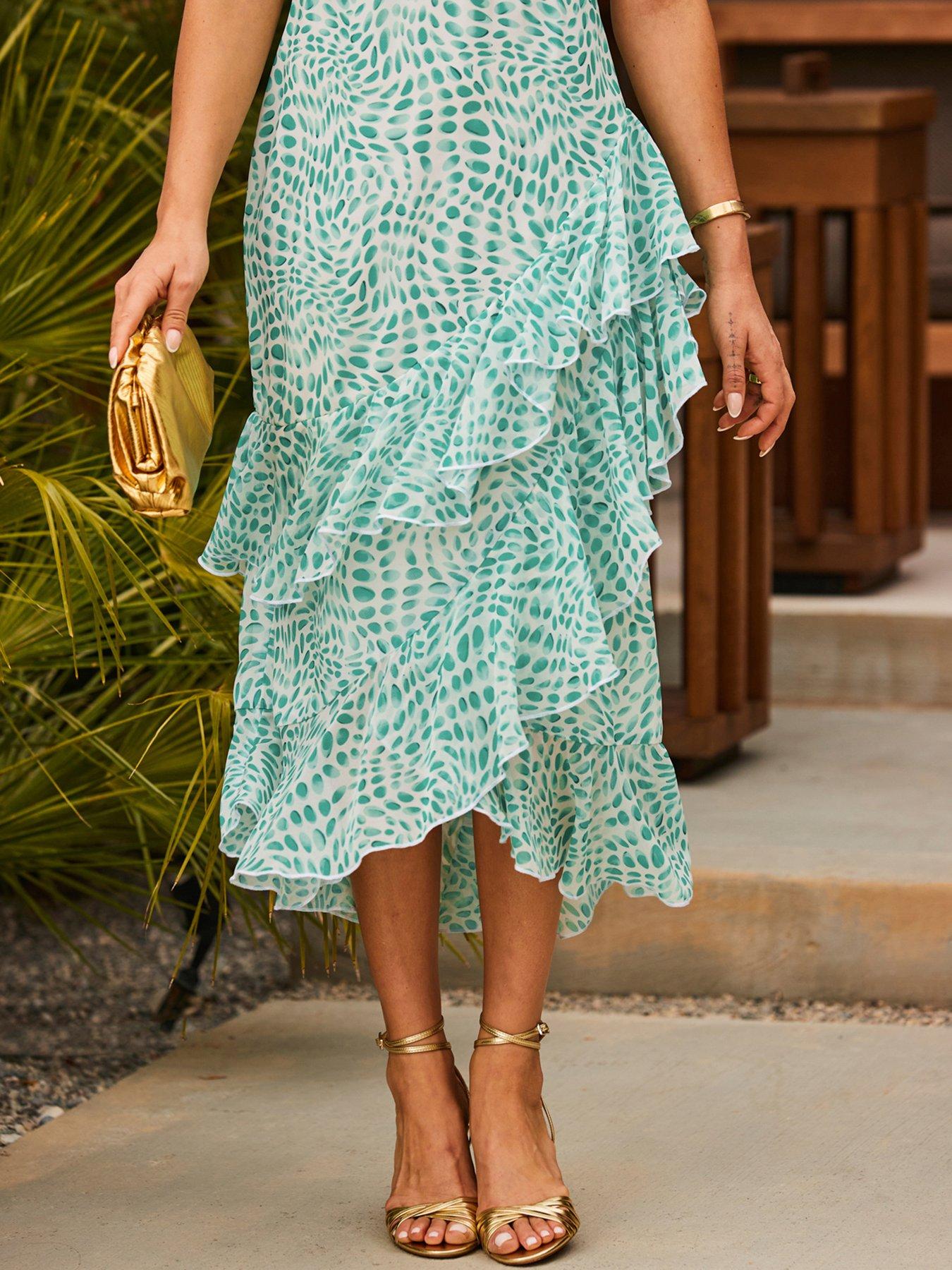 Image 5 of 6 of Sosandar Abstract Print Layered Hem Angel Sleeve Maxi Dress - Green