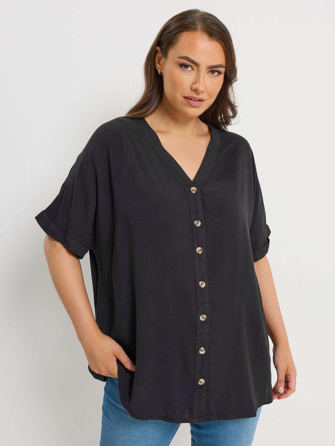 Yours Curve Button Through Chambray Blouse - Black