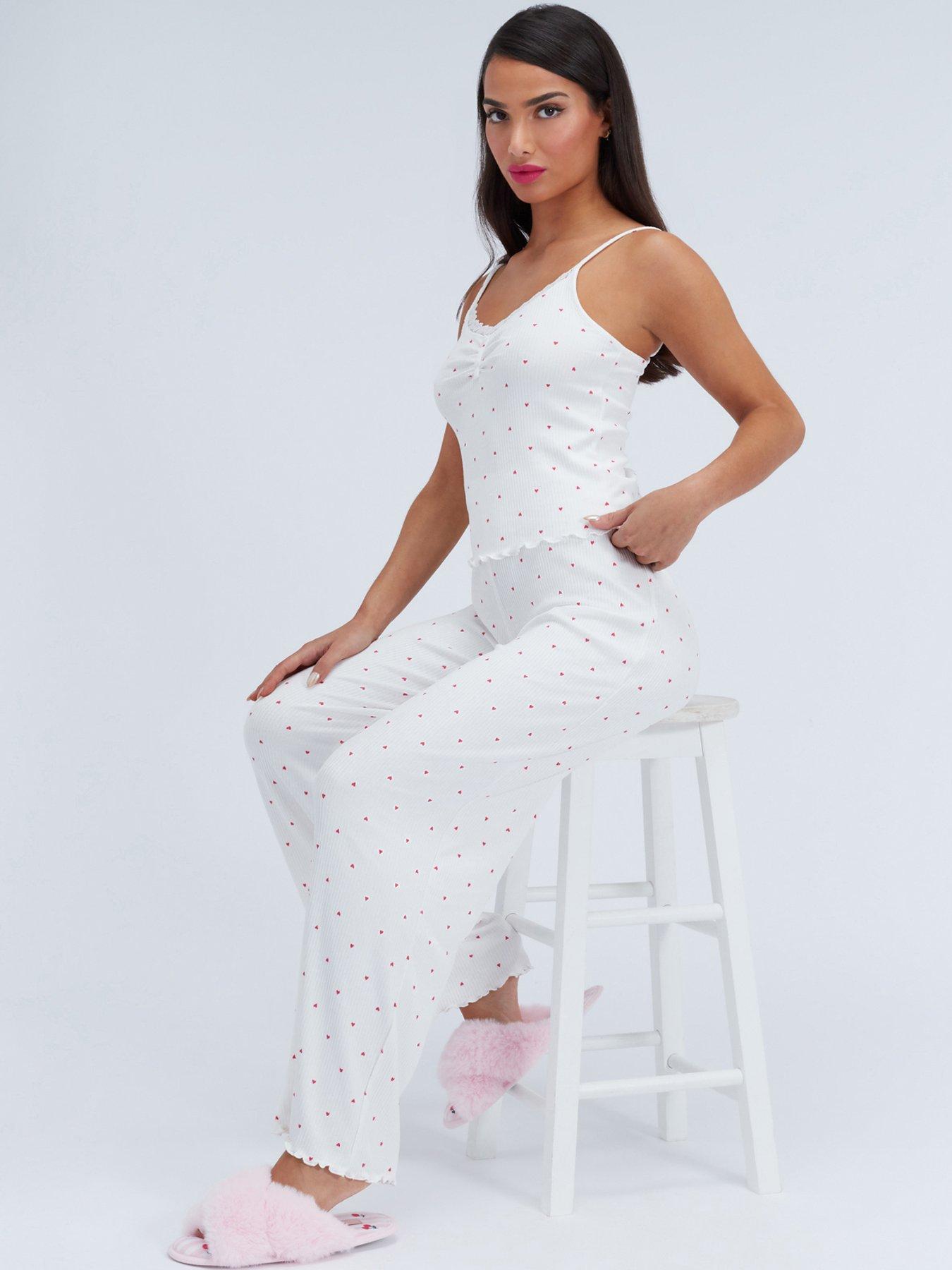 Image 1 of 6 of Boux Avenue Heart Lace Rib Pyjama Set - Ivory Mix