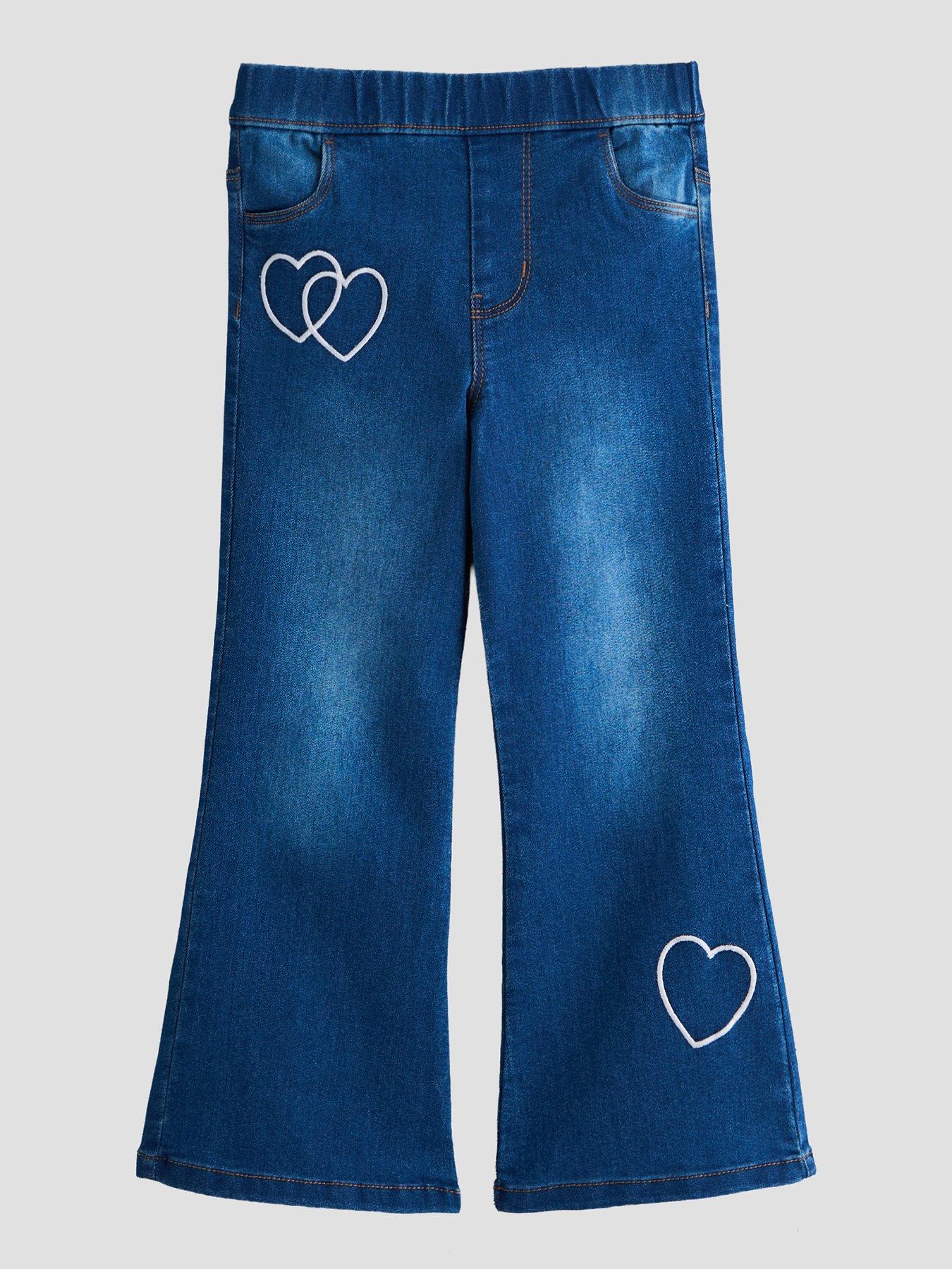 The Very Collection Girls Flared Jegging With Embroidered Hearts - Mid Blue