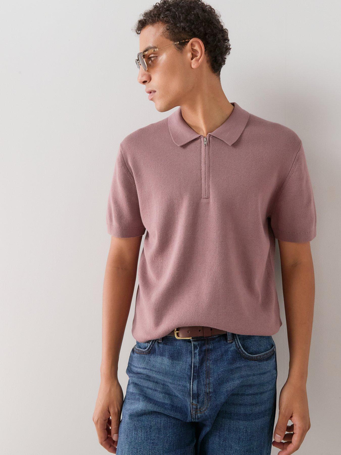 Image 1 of 7 of The Very Collection Short Sleeve Zip Neck Polo Shirt - Dusky Pink